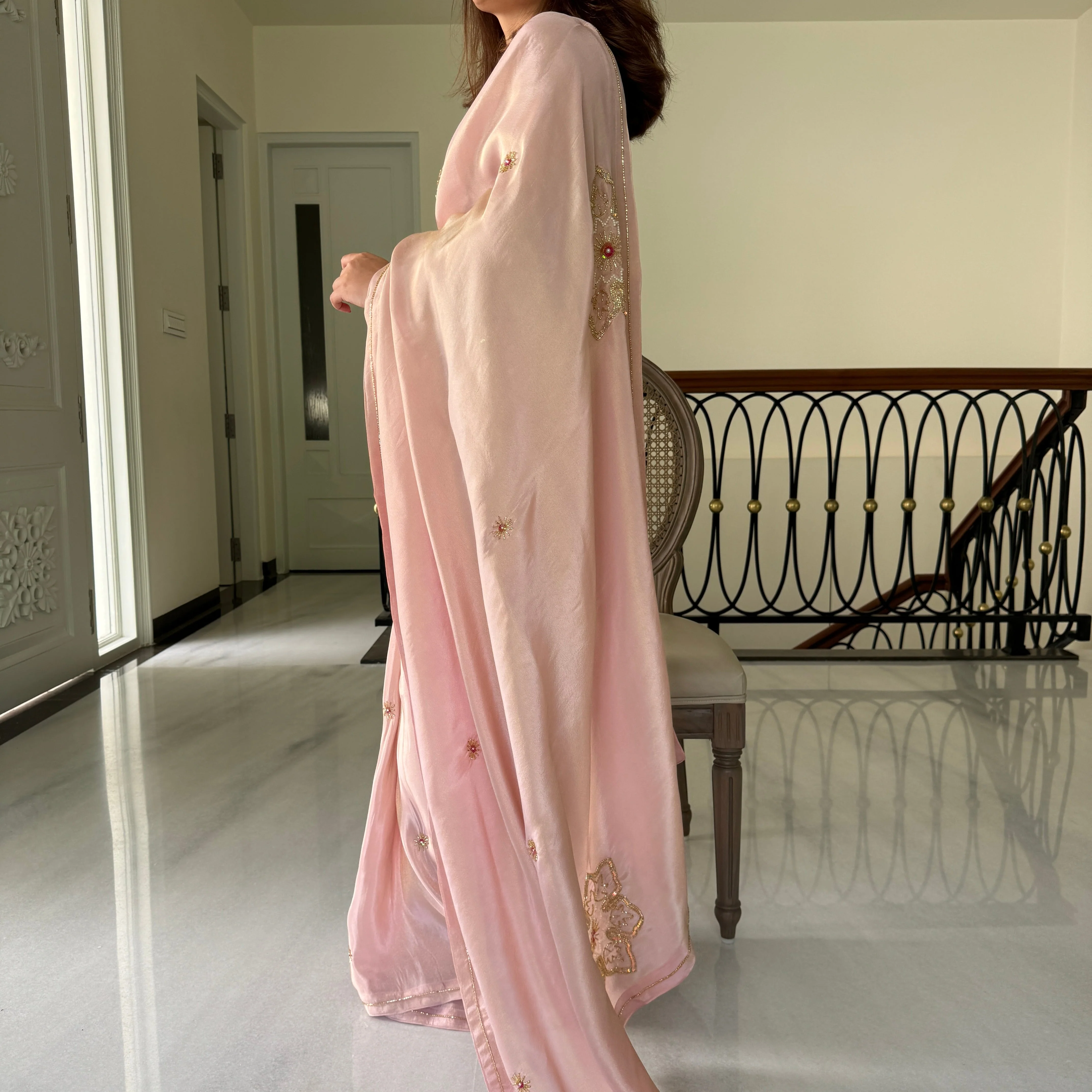 Blush Pink Tissue Saree - Woolfily