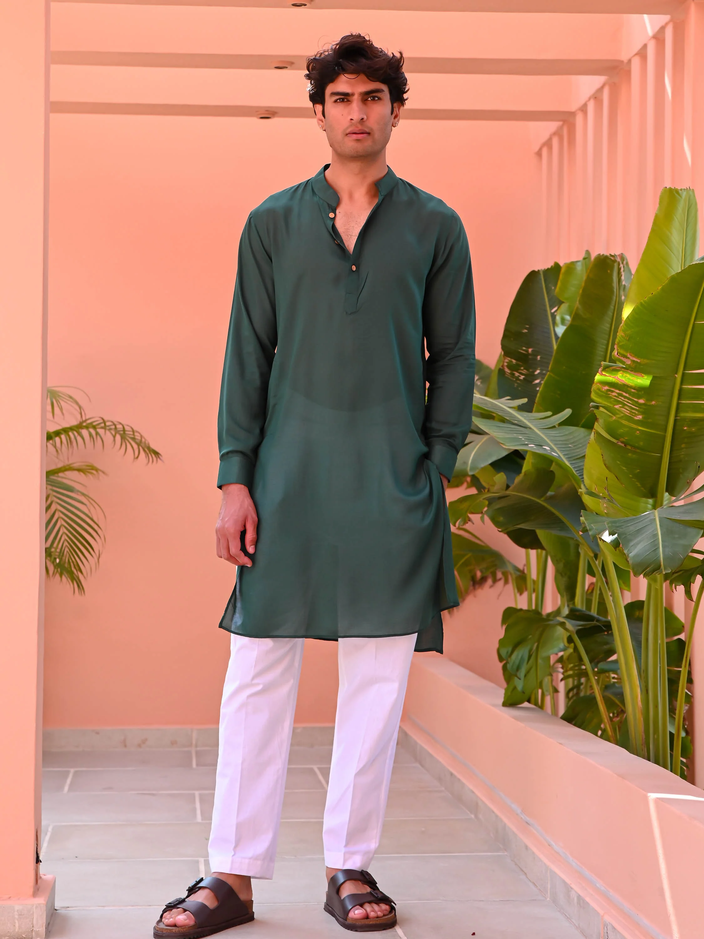 Dark Green Men Long Kurta - Woolfily