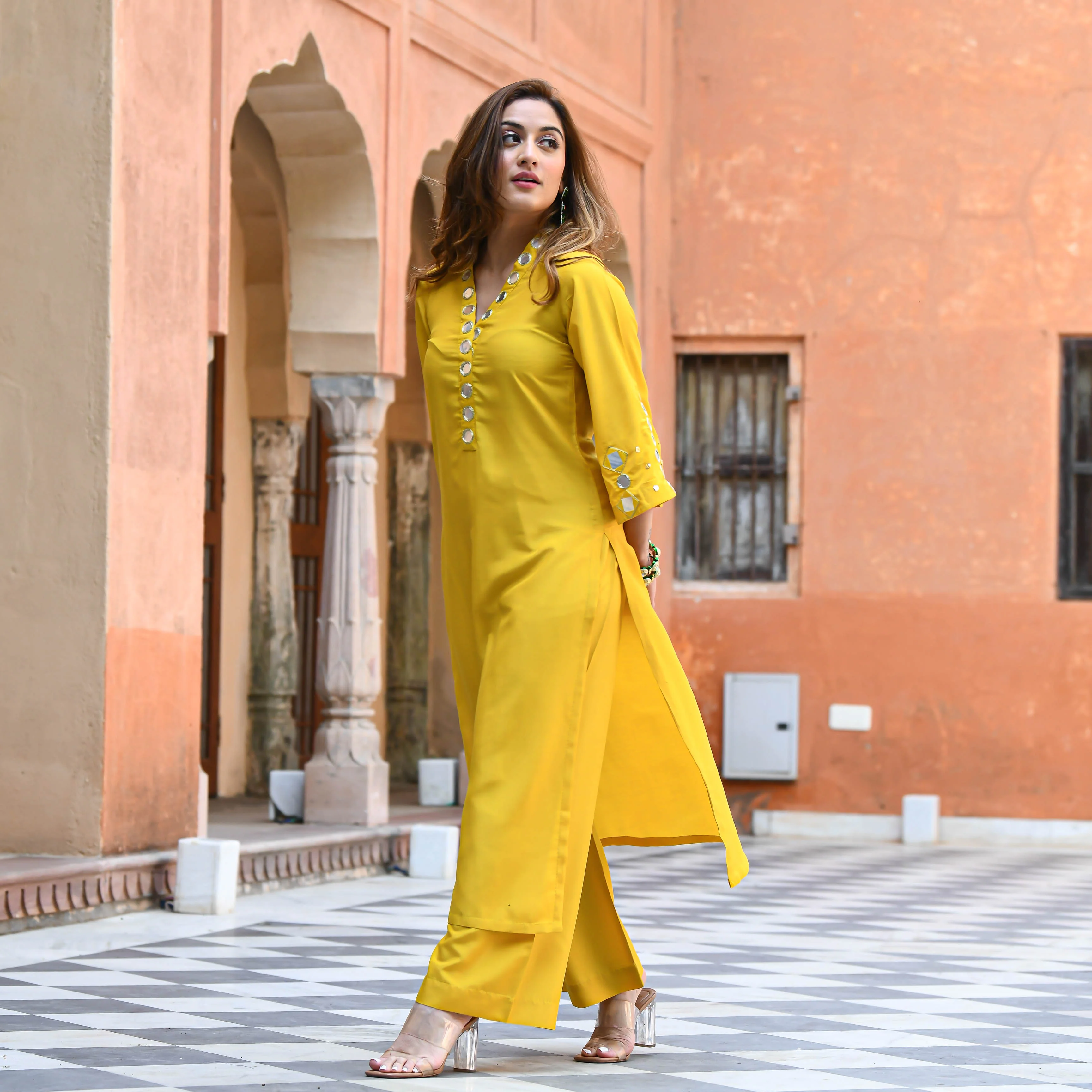 Bunaai Yellow Mirror Work Kurta Pants - Woolfily