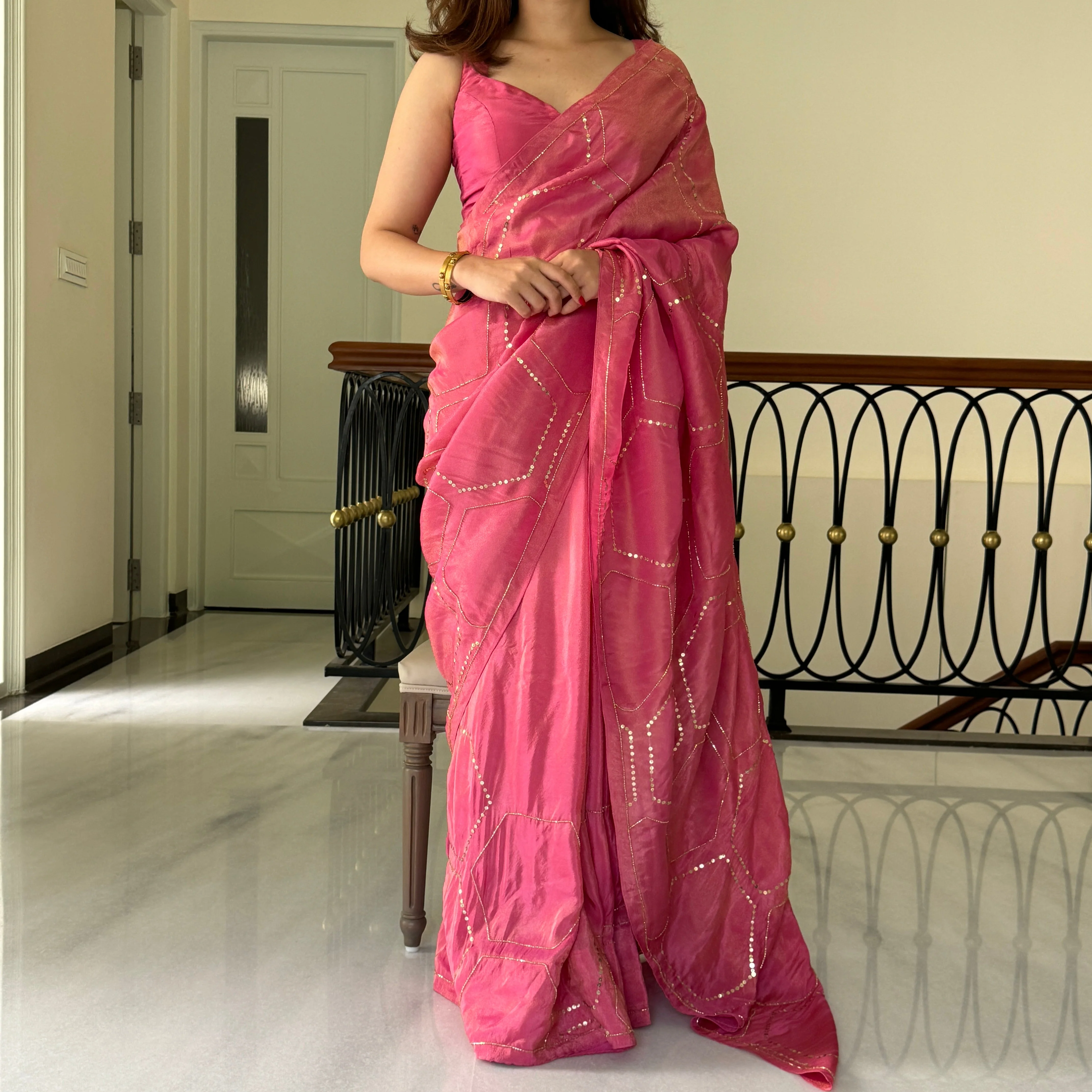 Carrot Pink Tissue Saree - Woolfily