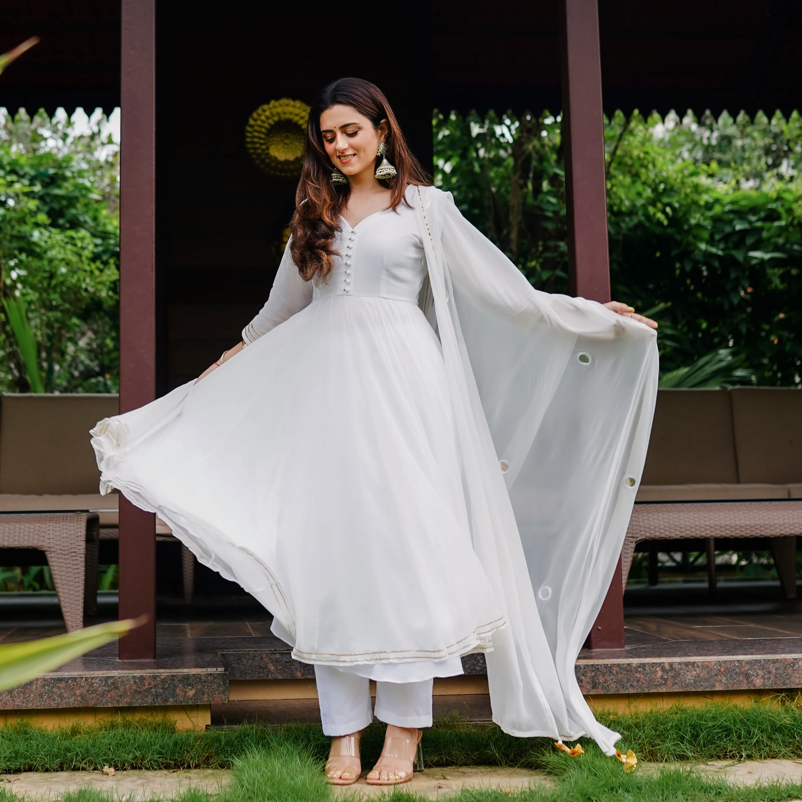 Bunaai White Anarkali And Pant With Dupatta - Woolfily