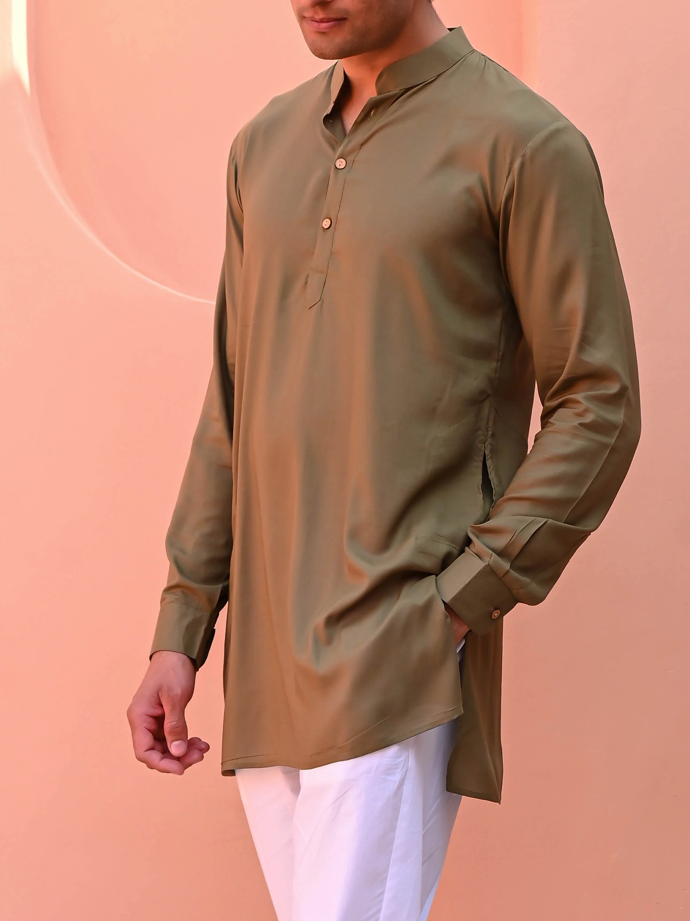 Rust Olive Men Short Kurta - Woolfily