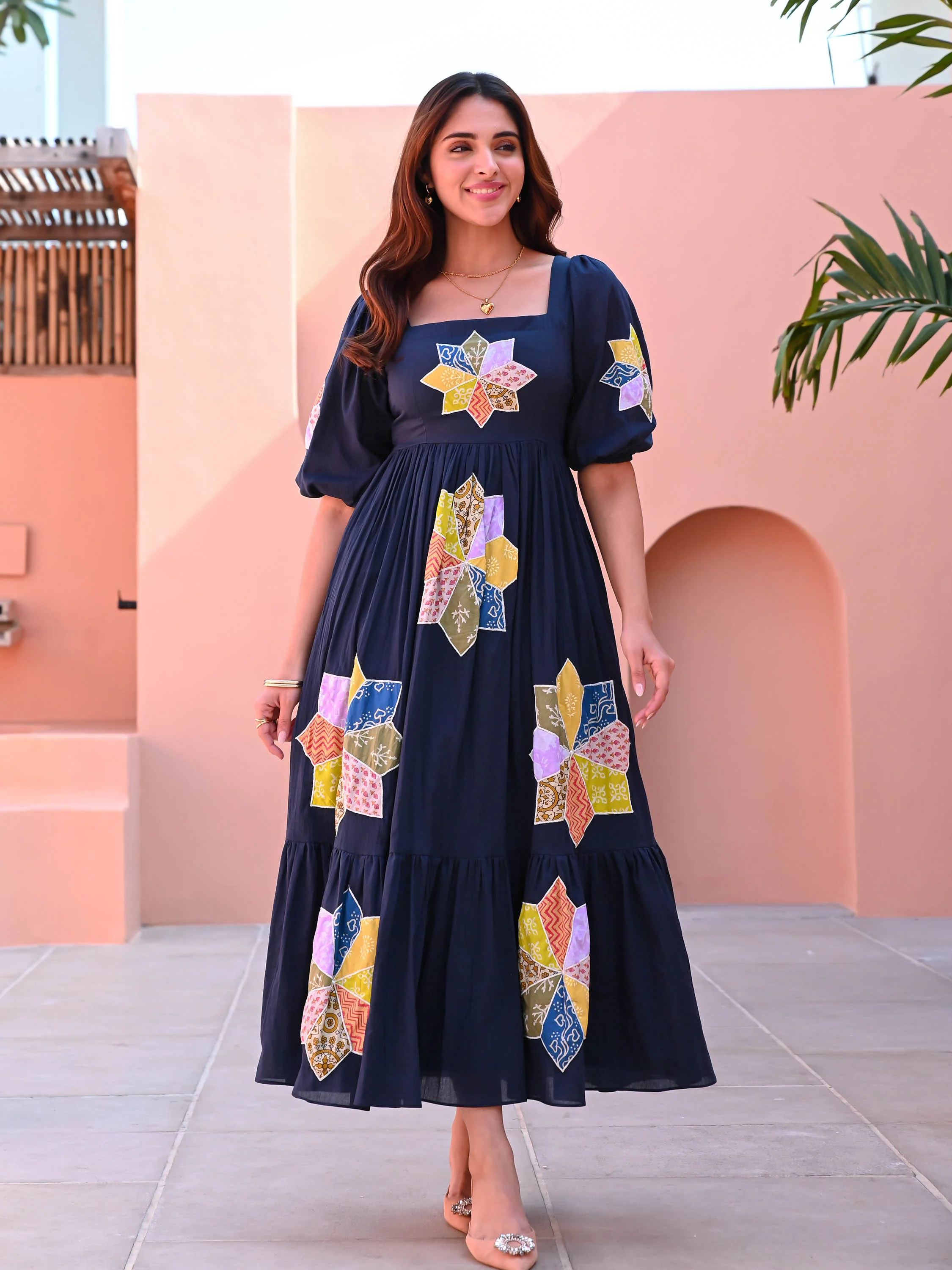 Blue Patchwork Cotton Dress - Woolfily