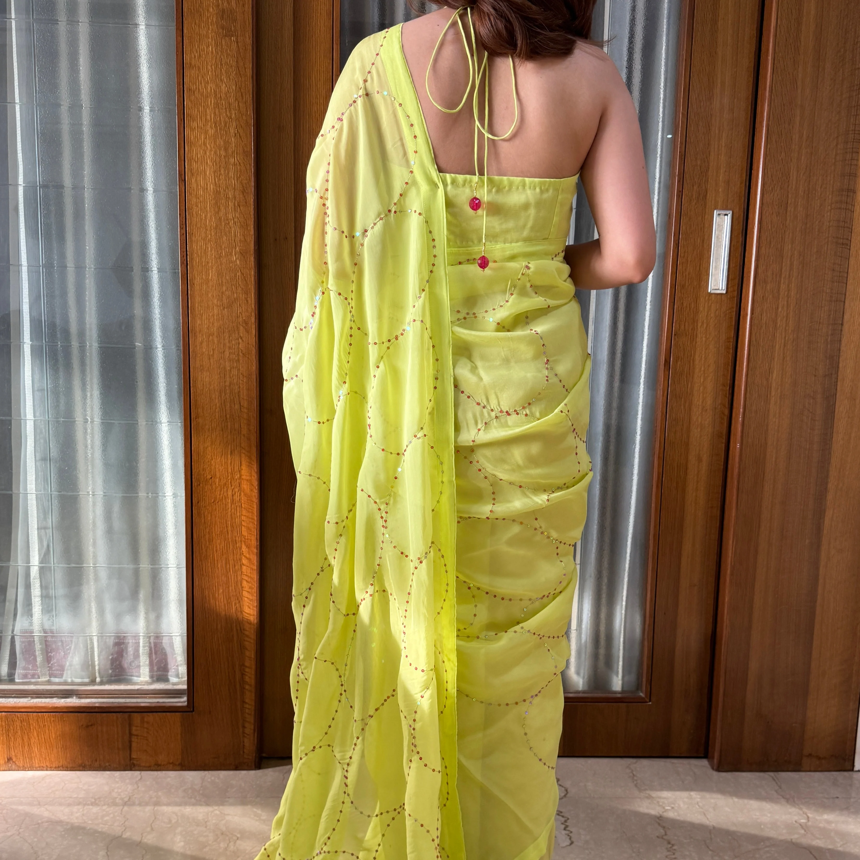 Lime Green Sequin Organza Saree - Woolfily