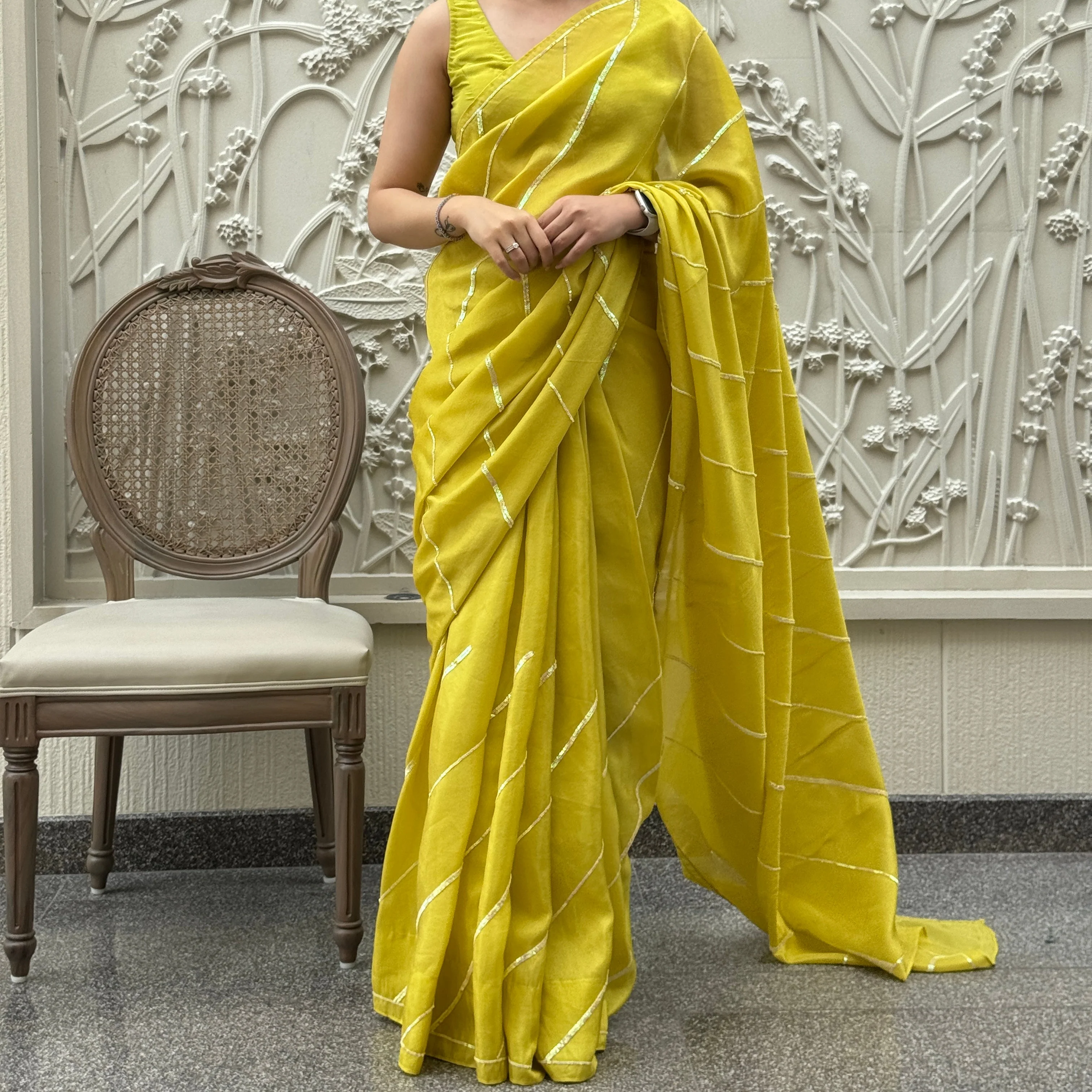 Lime Yellow Tissue Saree - Woolfily