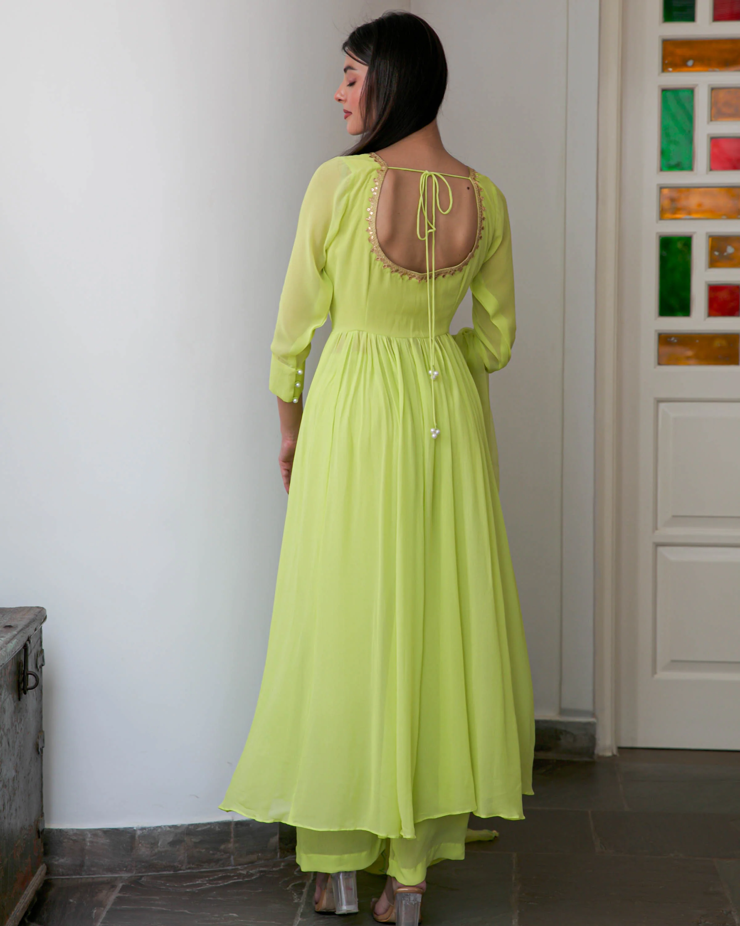 Lime Green Georgette Suit Set - Woolfily