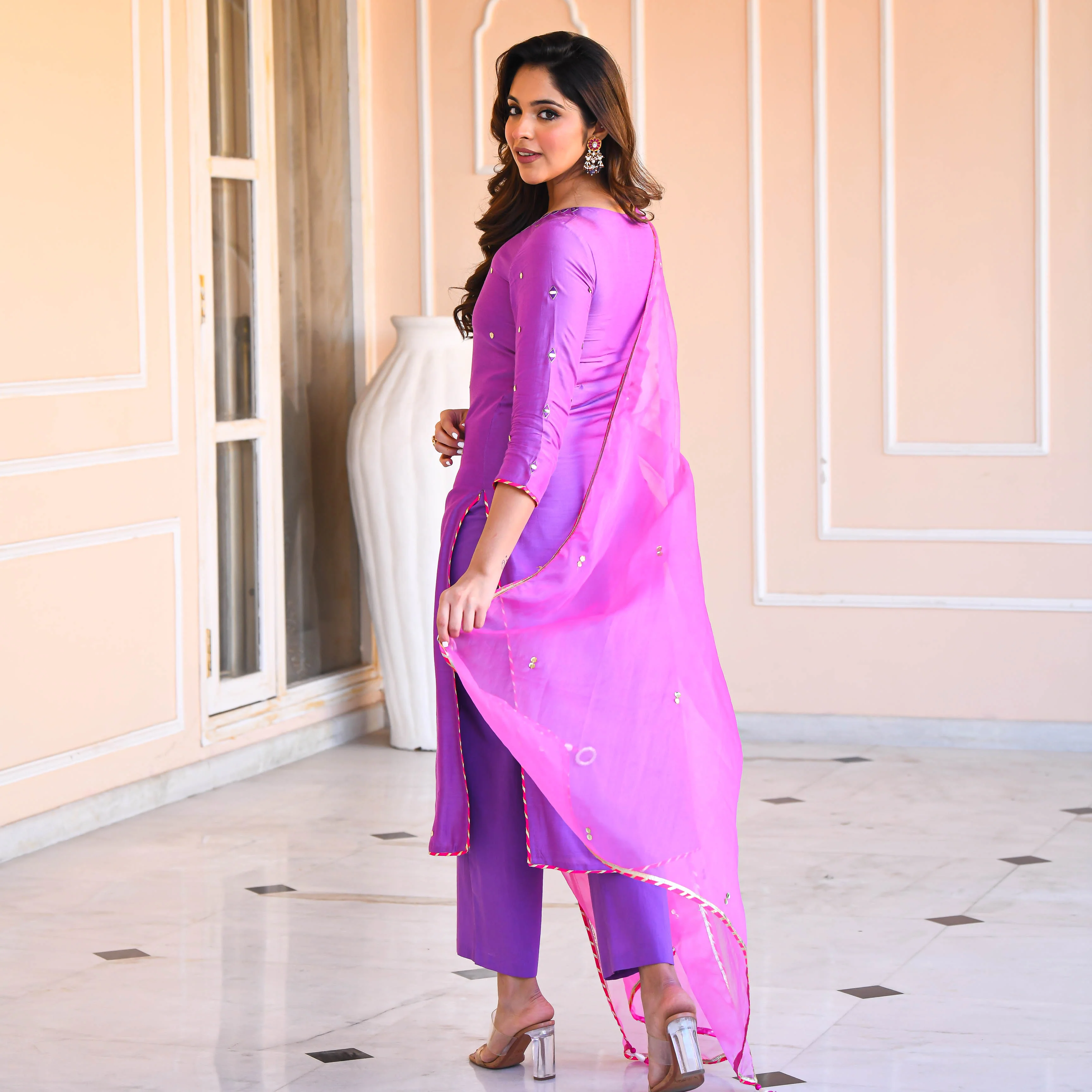 Bunaai Purple Mirror Work Suit Set - Woolfily