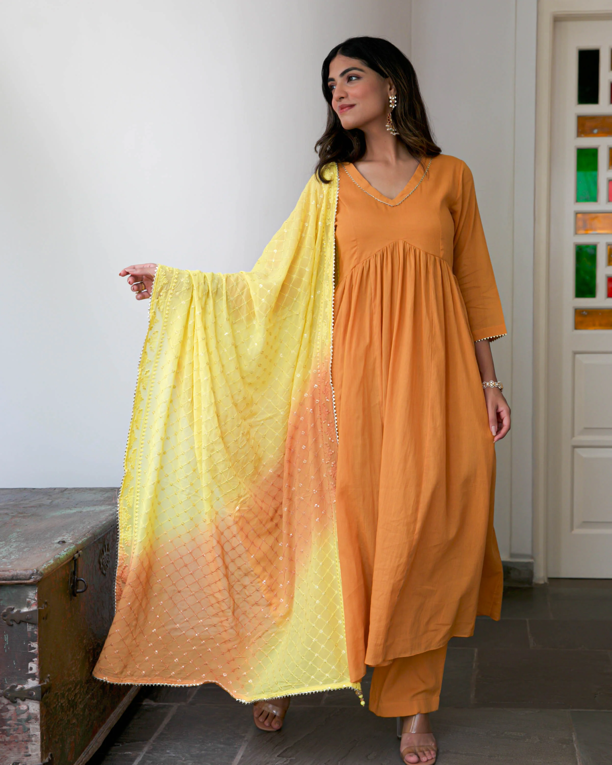 Yellow Rust Cotton Suit Set - Woolfily