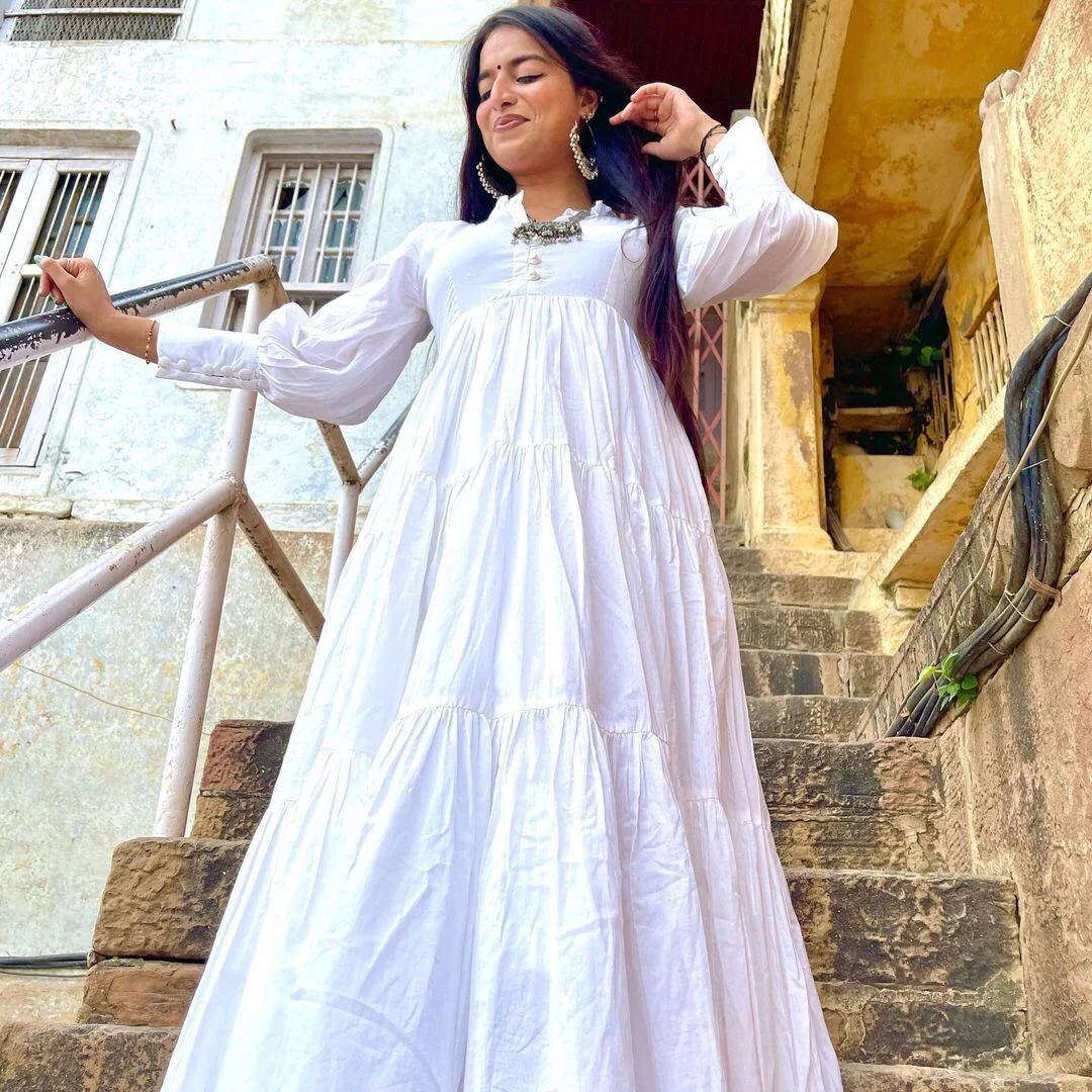 Bunaai Pure White Cotton Maxi Dress - Woolfily