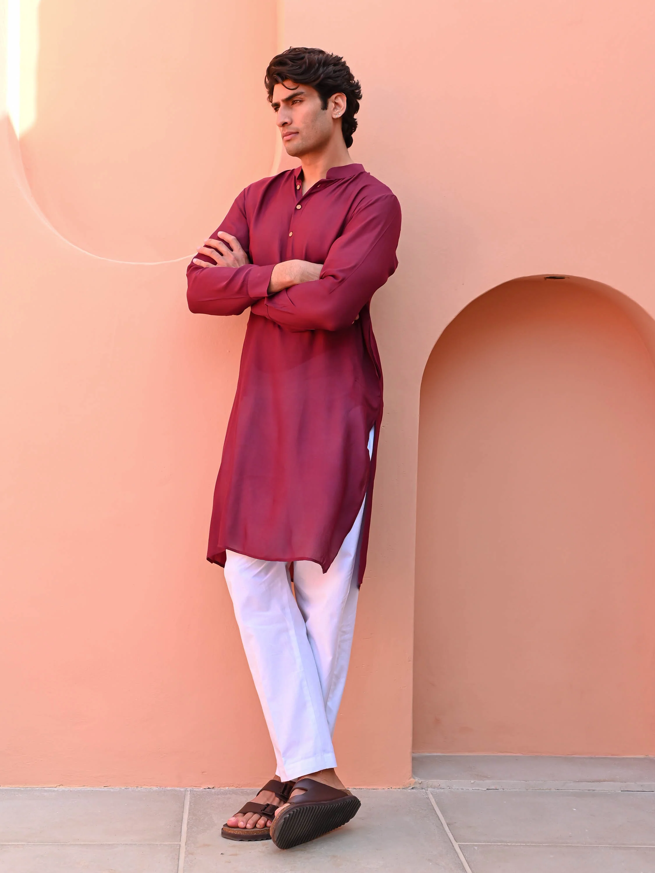 Wine Color Men Long Kurta - Woolfily