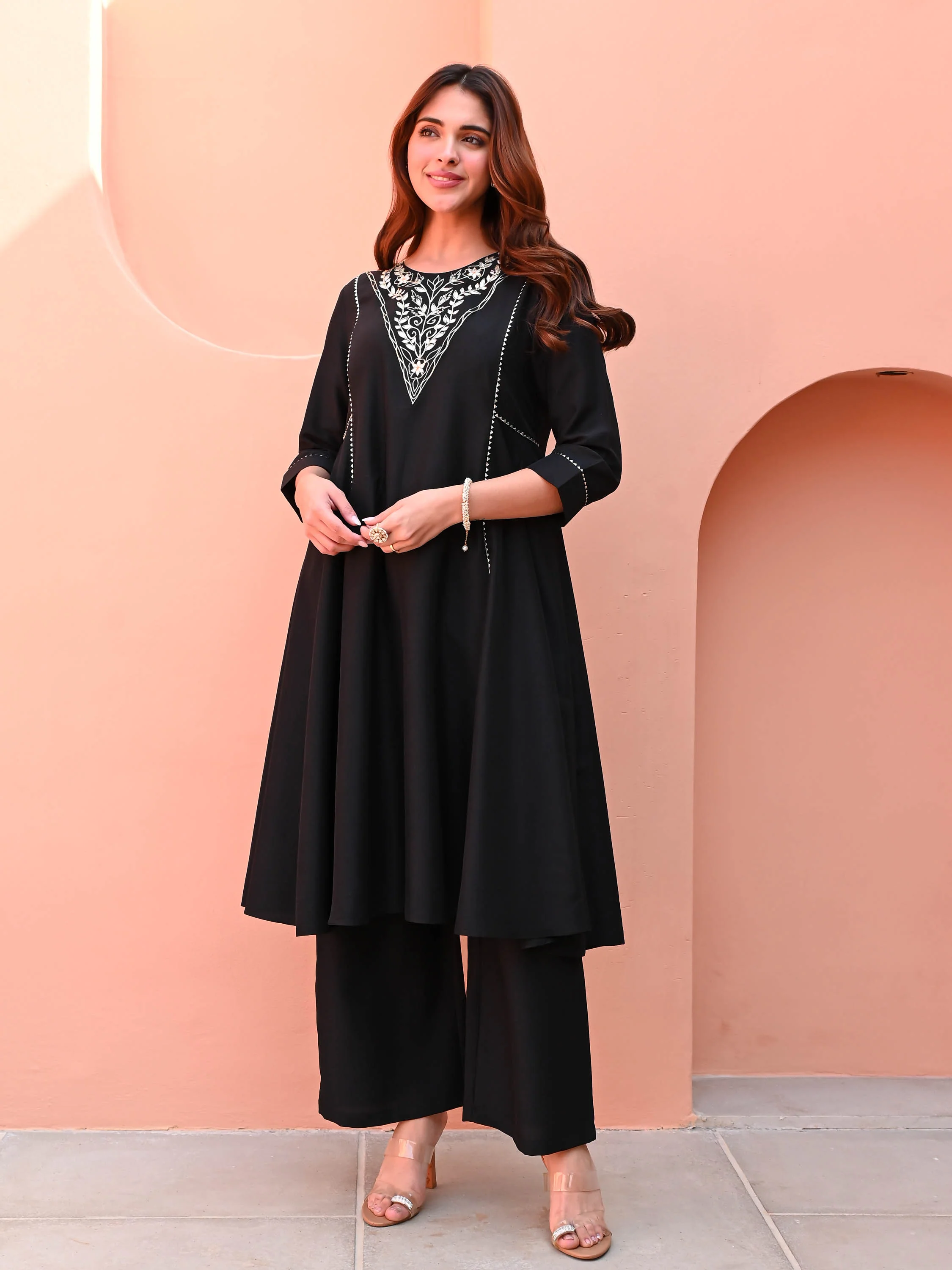 Black Embroidered Silk Kurta Set - Woolfily