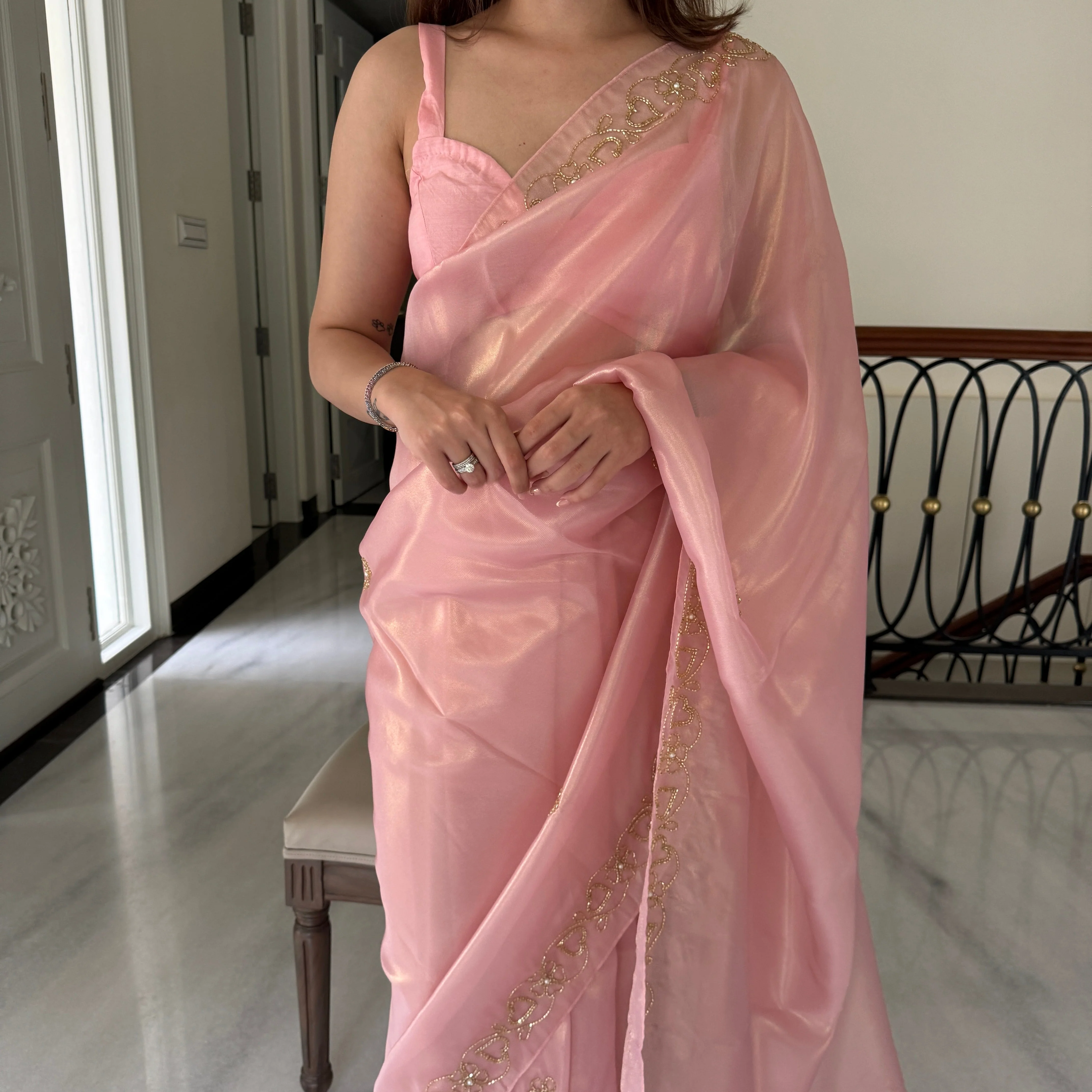 Petal Pink Shimmer Saree - Woolfily