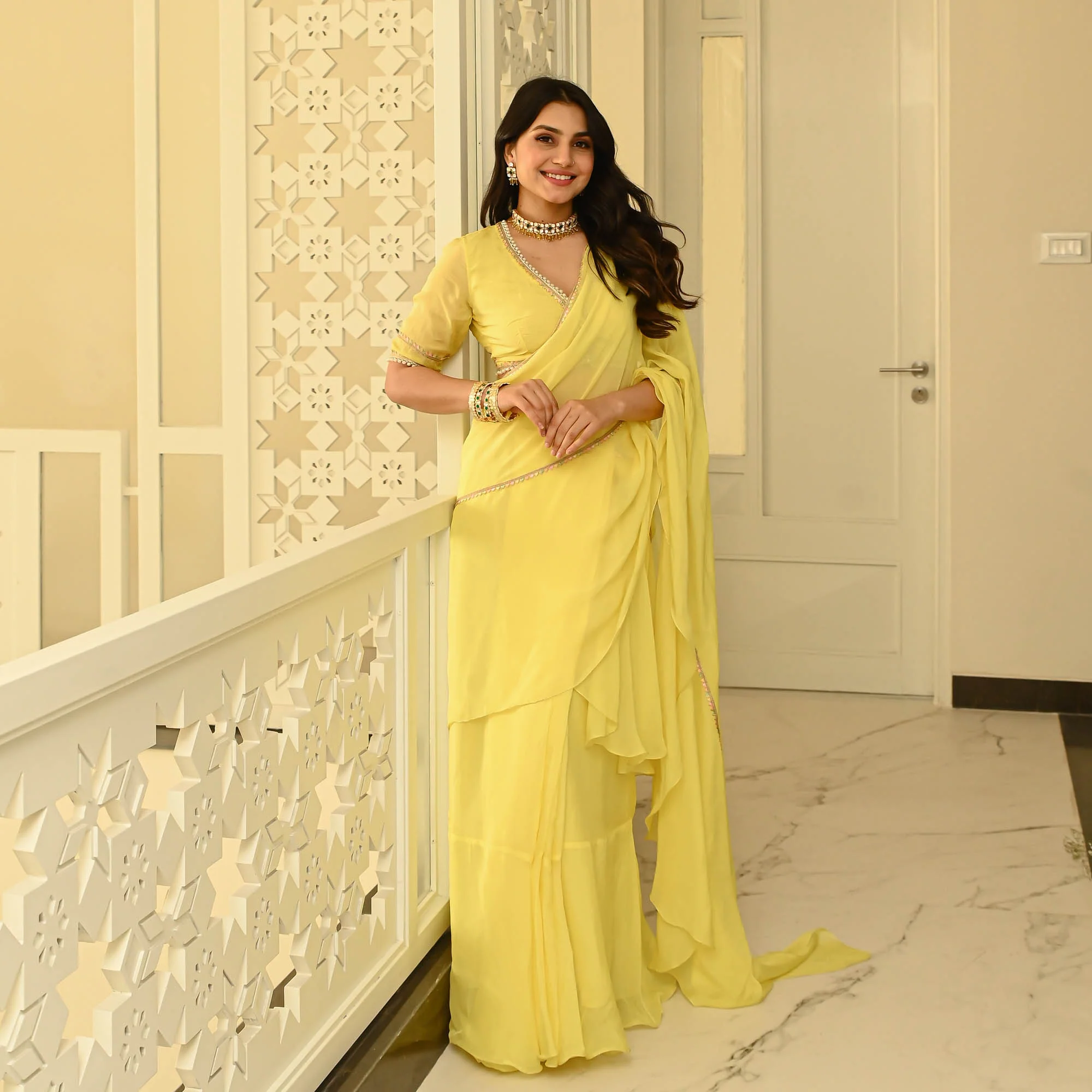 Bunaai Light Yellow Organza Draped Saree - Woolfily