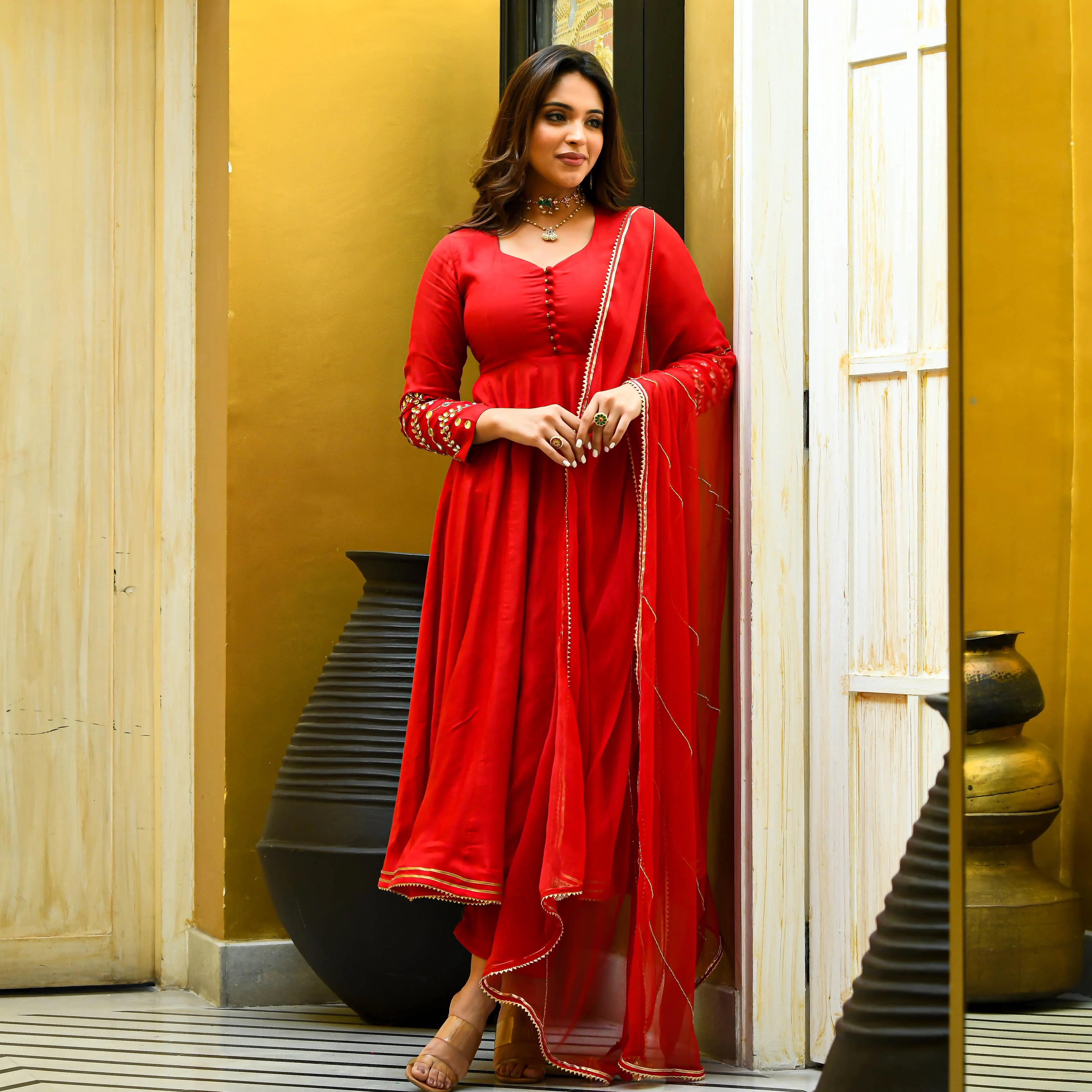 Red Mirror Work Suit Set - Woolfily