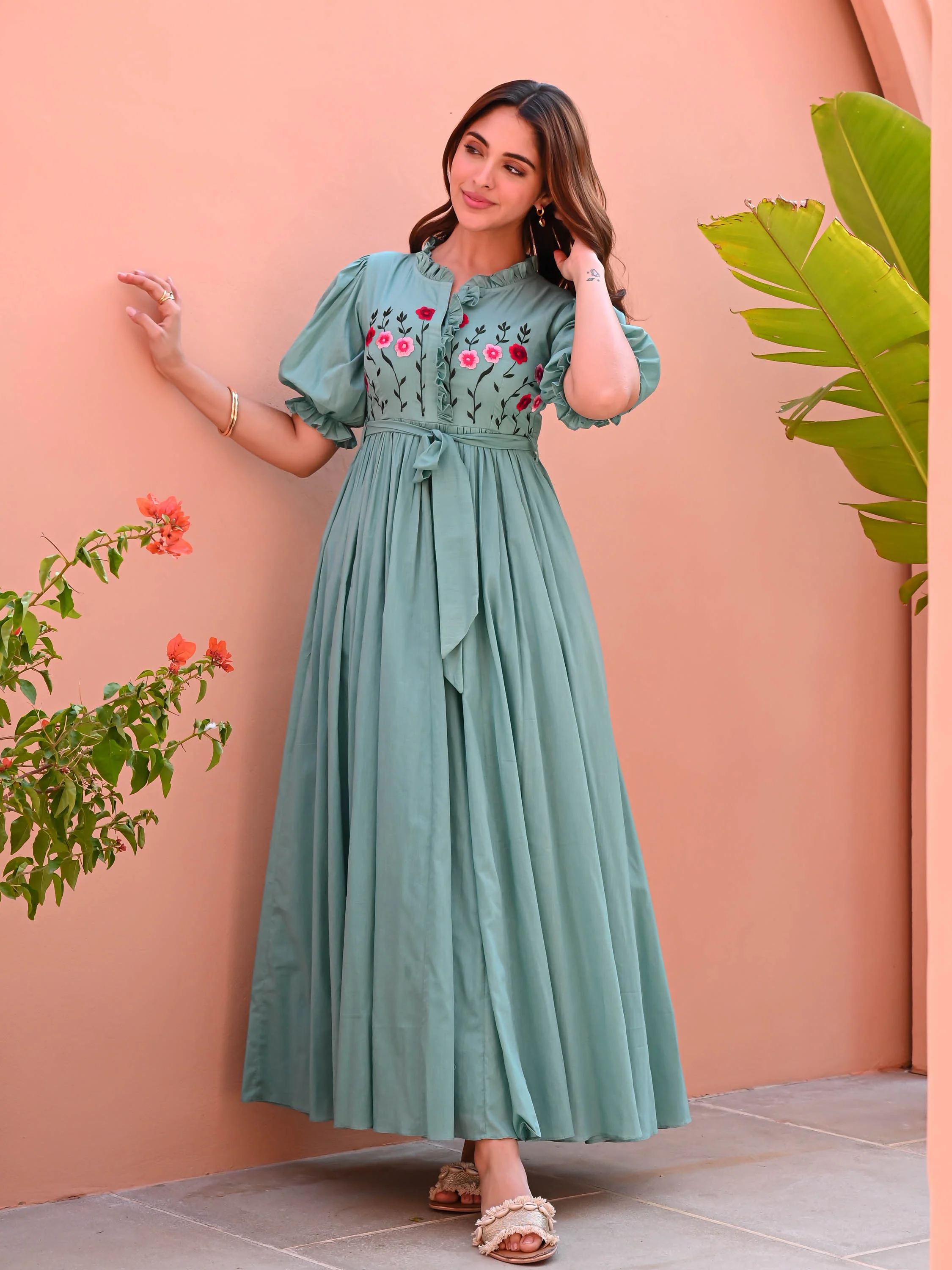 Mint Embroidered Cotton Dress - Woolfily