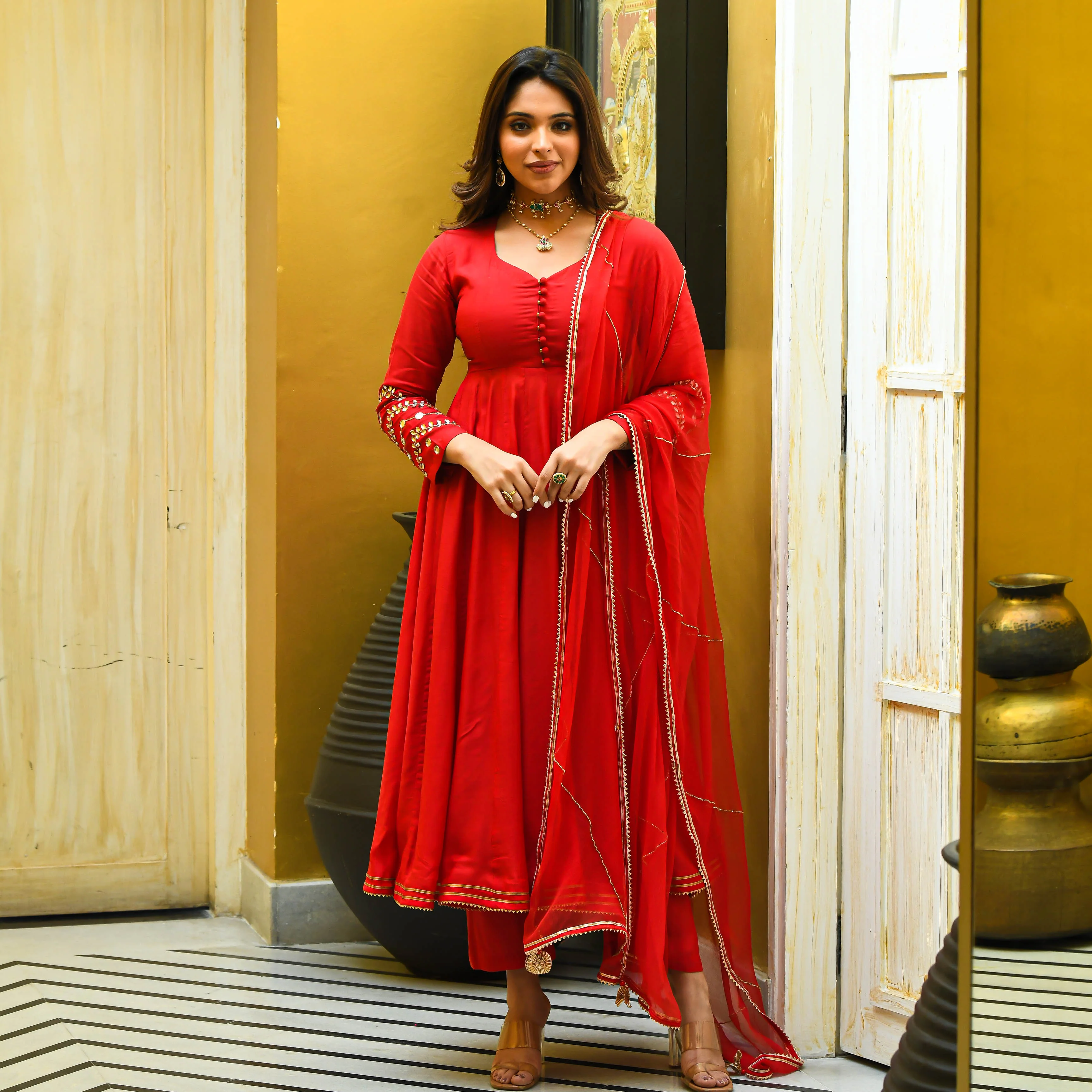 Red Mirror Work Suit Set - Woolfily