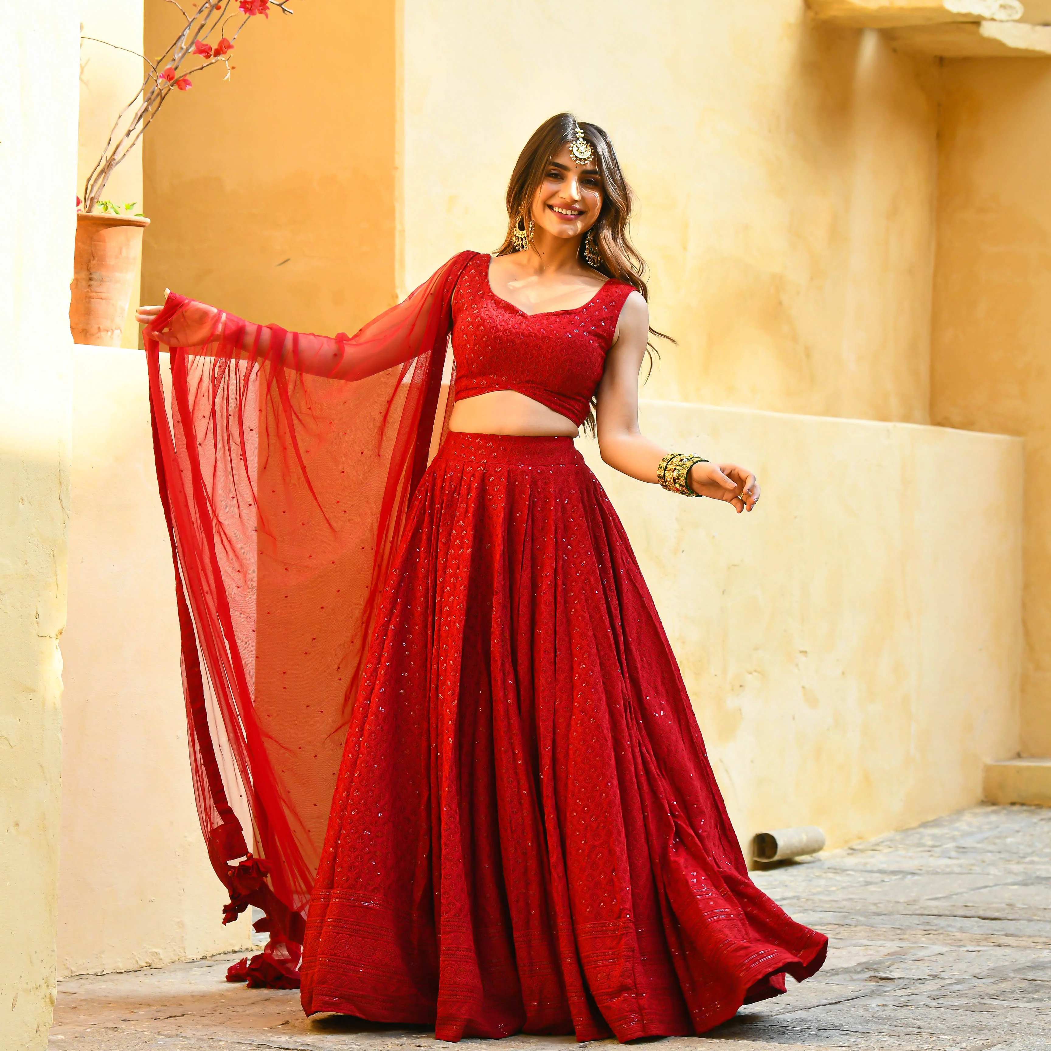 Bunaai Maroon Chikankari Lehenga Set - Woolfily