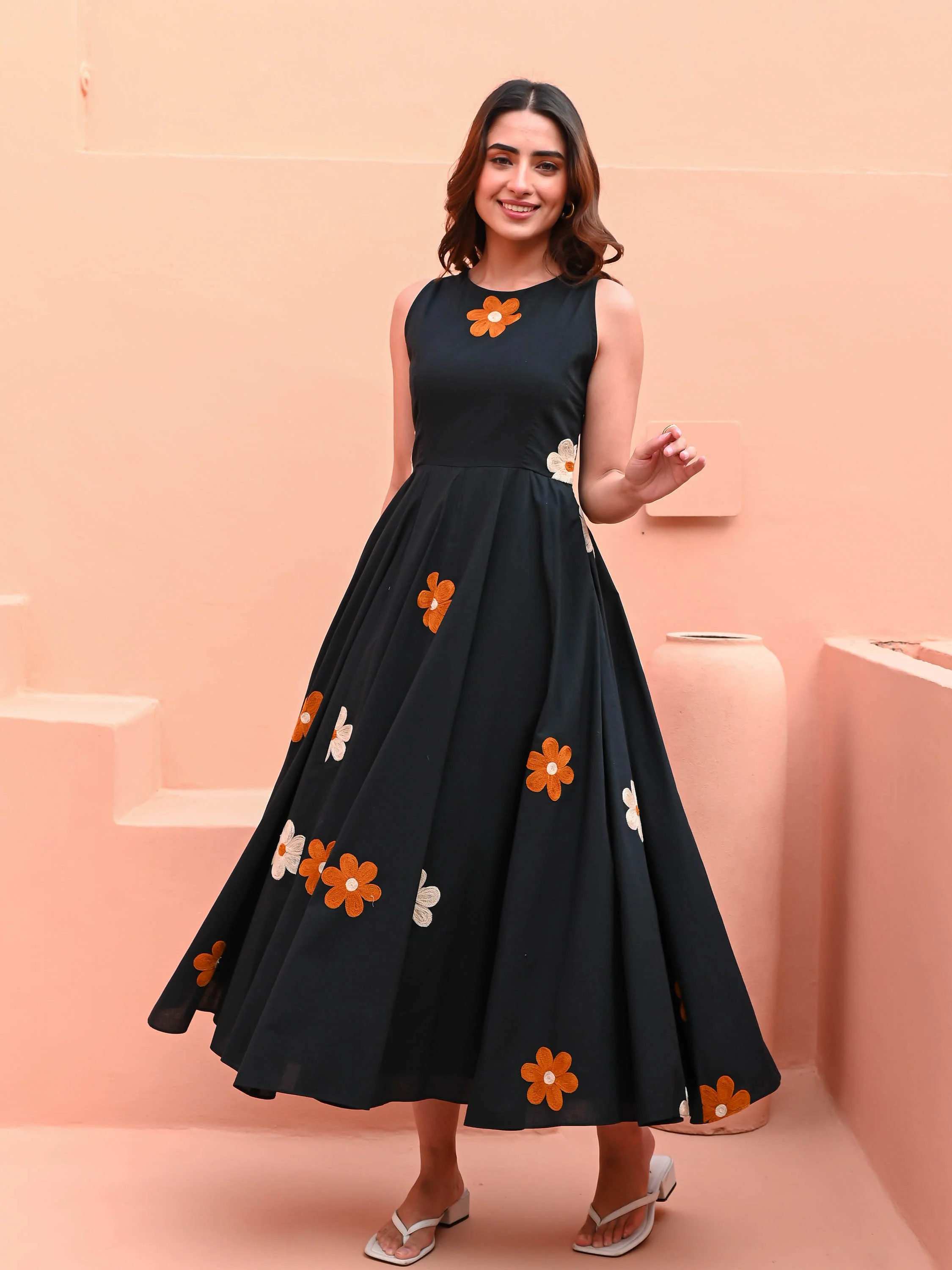 Black Dress with Floral Embroidery - Woolfily