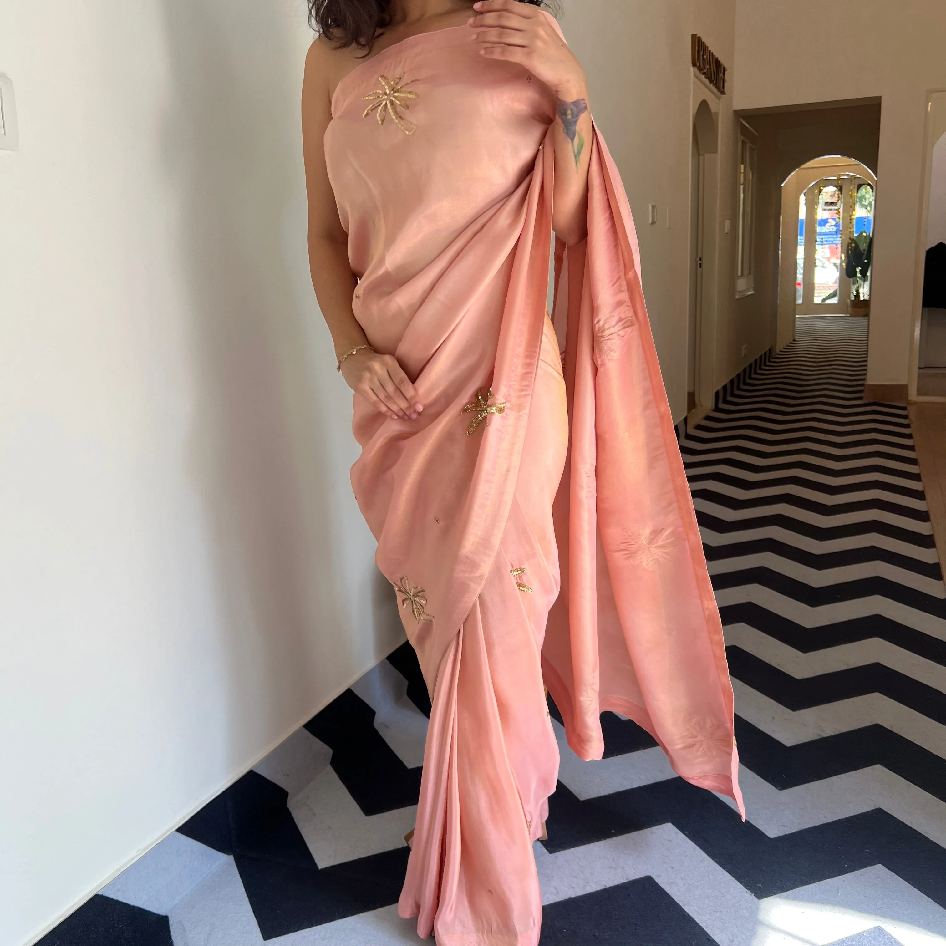 Rosy Dawn Tissue Saree - Woolfily
