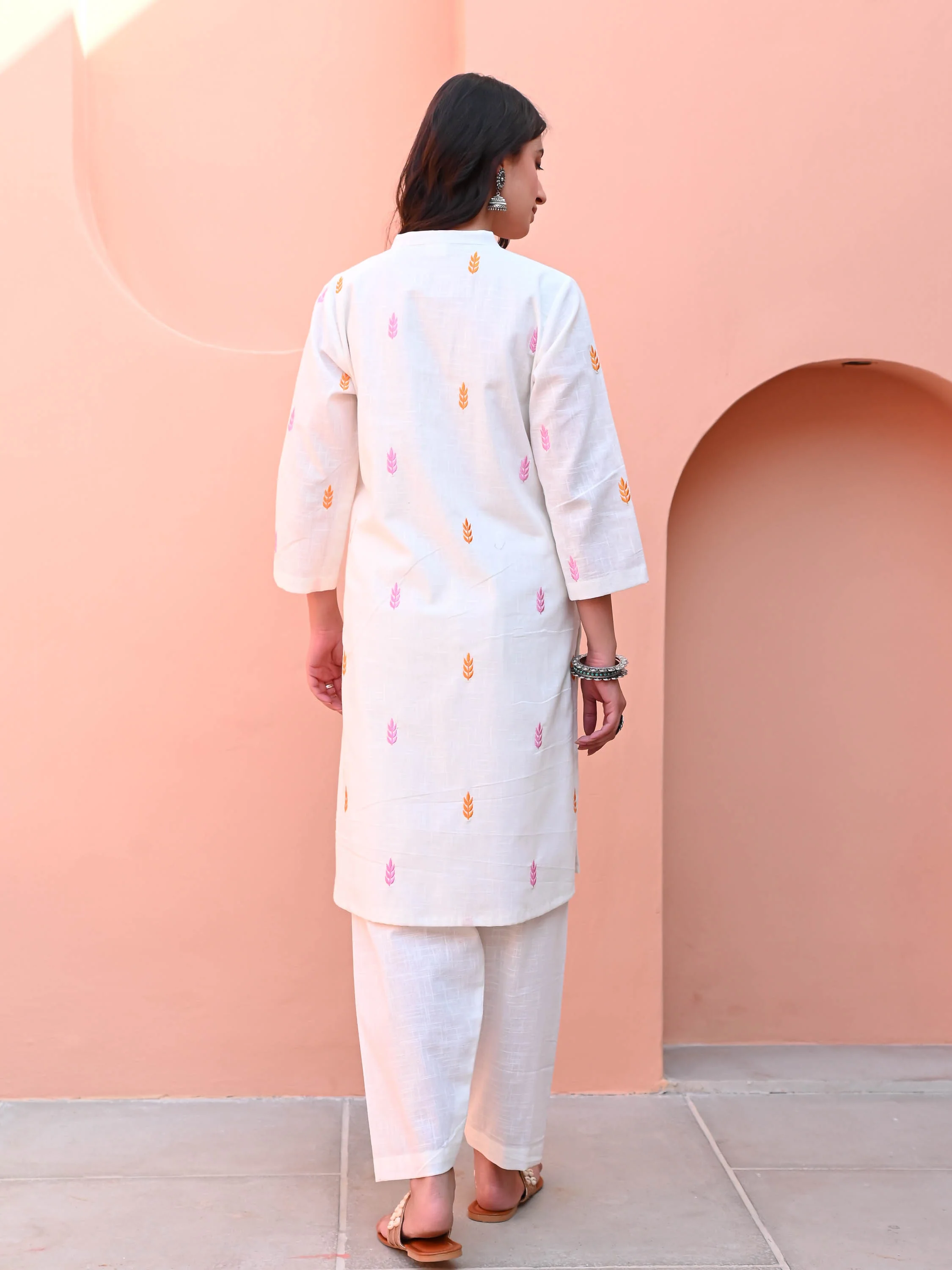 White Motif Embroidery Kurta Set - Woolfily