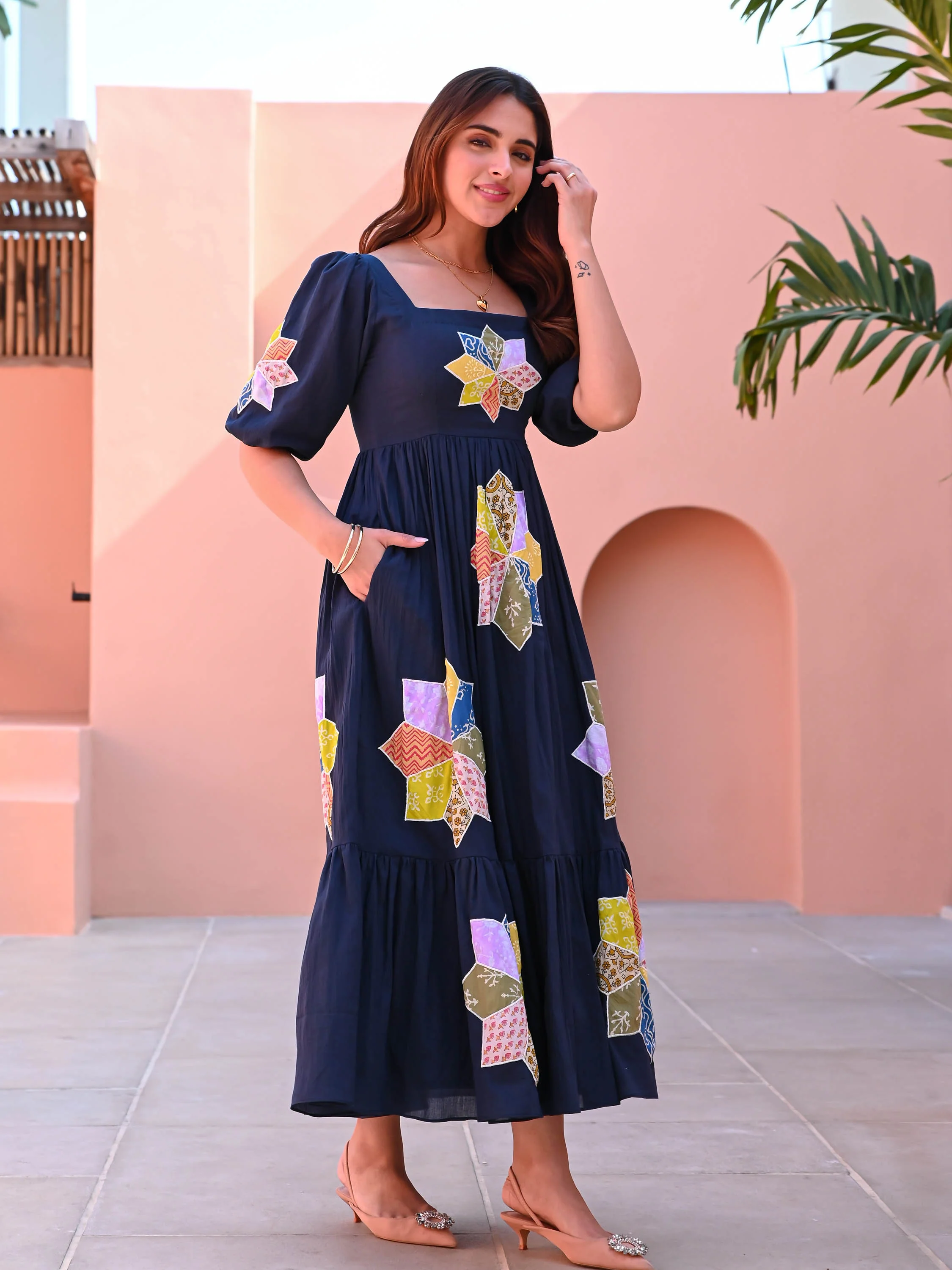 Blue Patchwork Cotton Dress - Woolfily