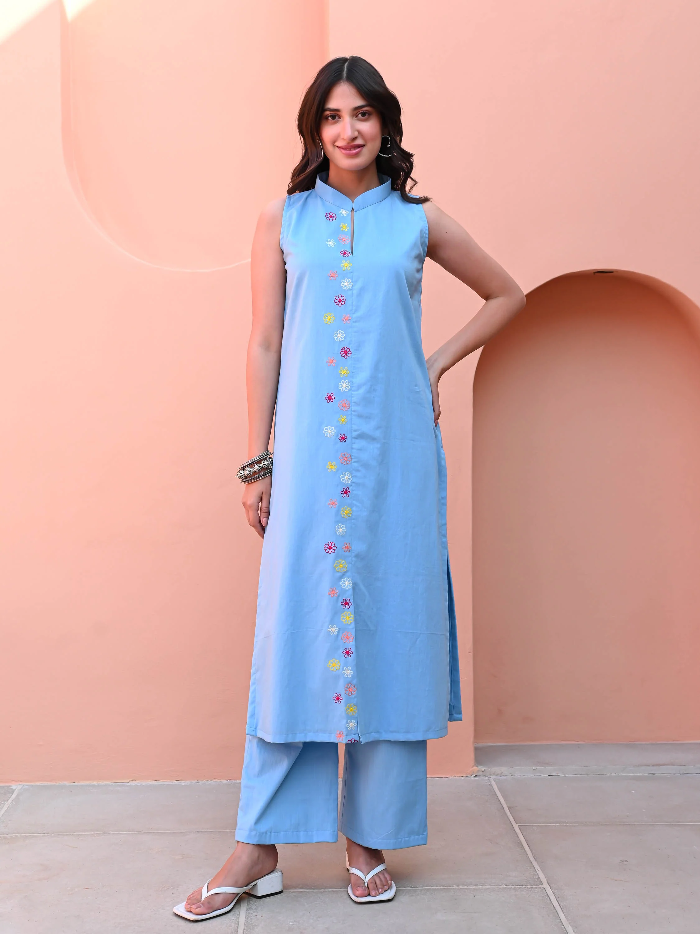 Powder Blue Embroidered Kurta Set - Woolfily