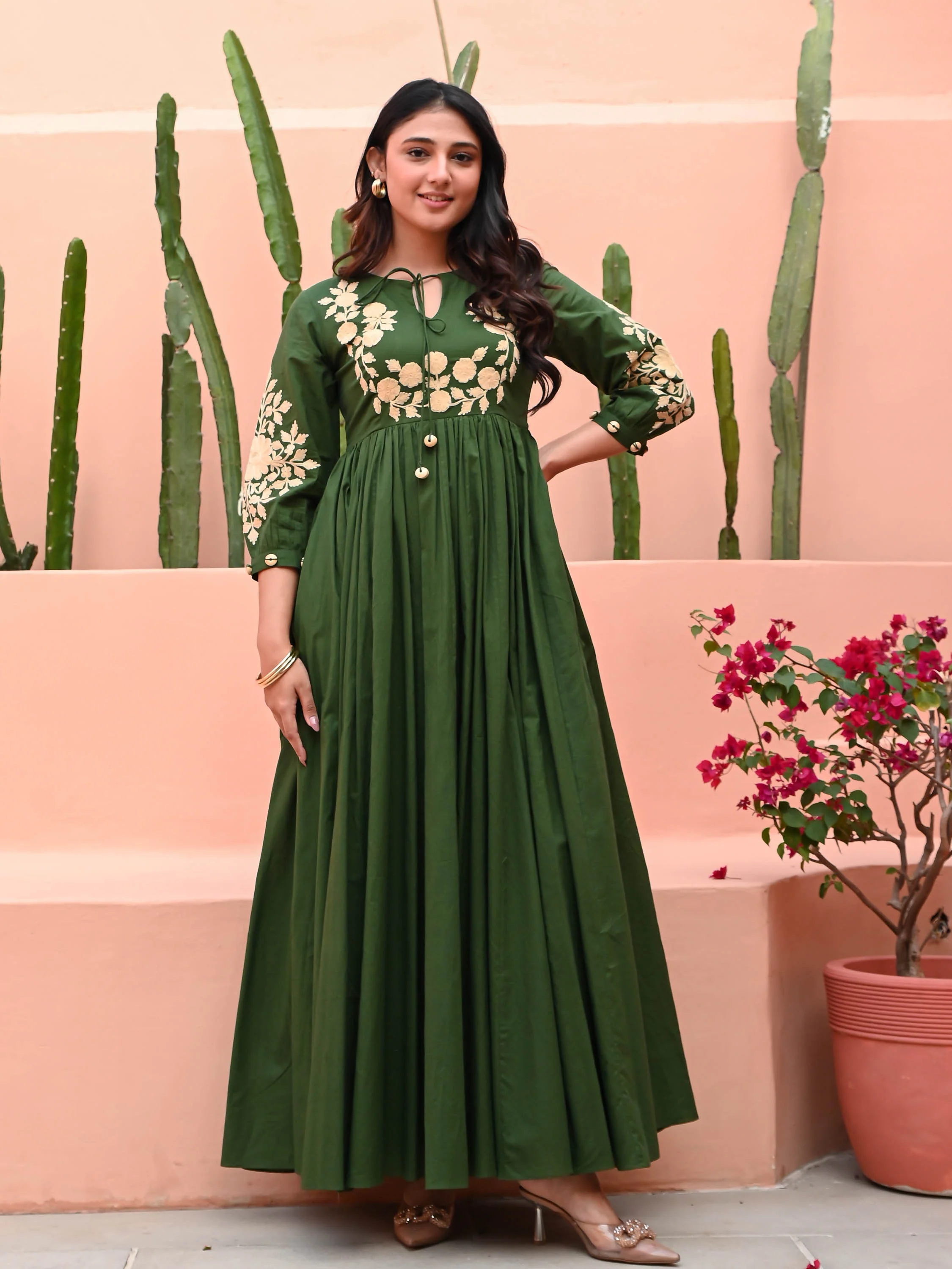 Dark Green Dress with Embroidery - Woolfily