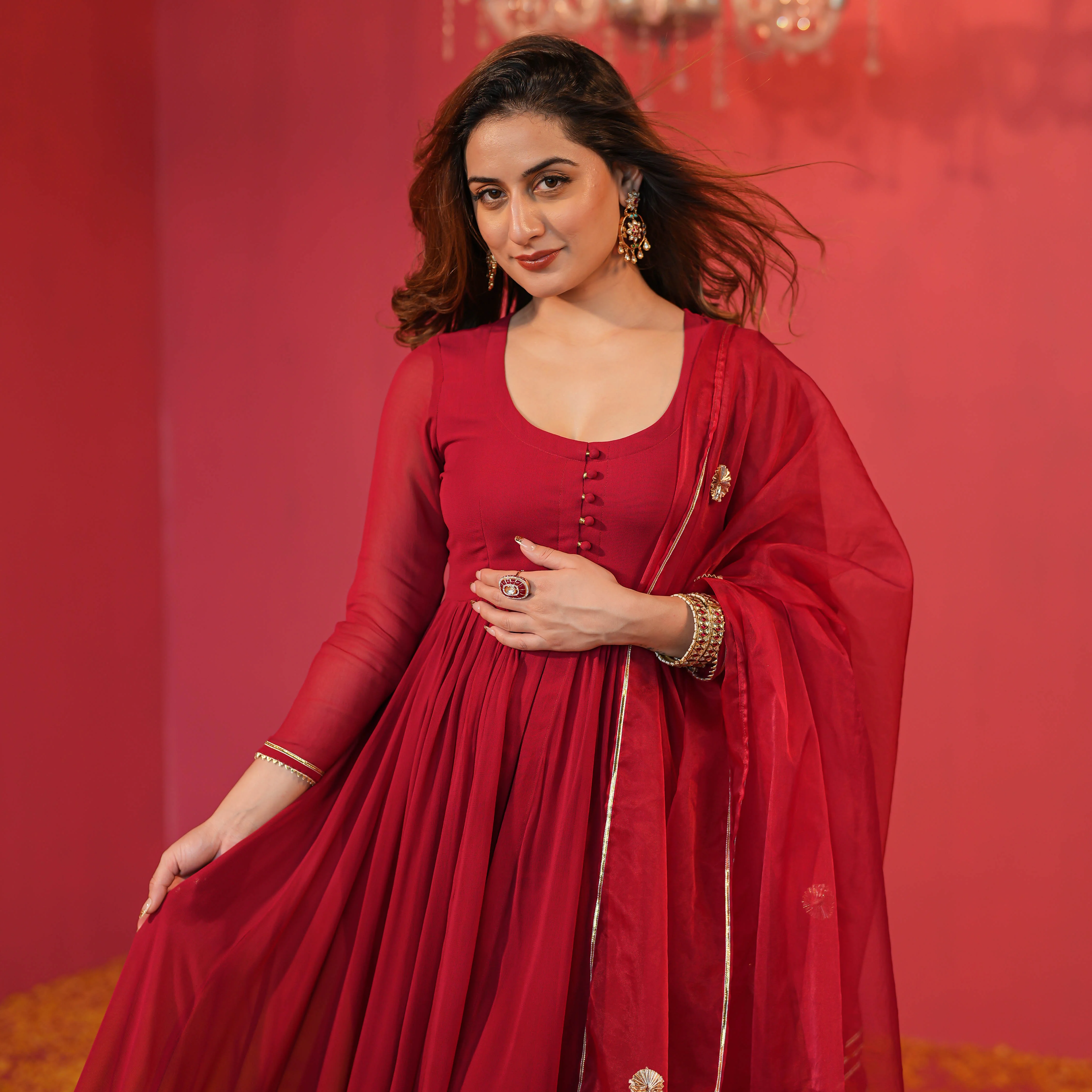 Bunaai Maroon Georgette Suit Set - Woolfily