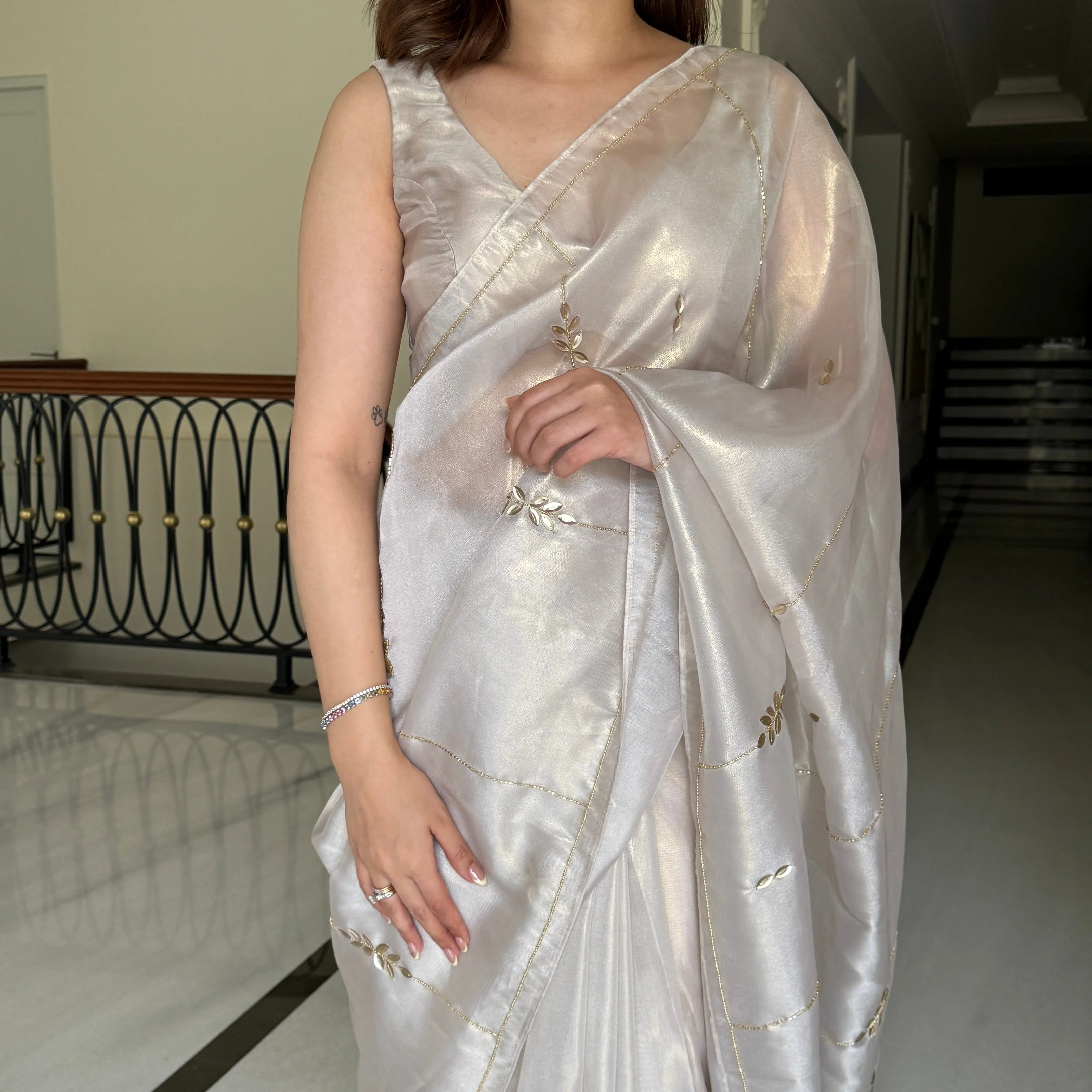 Grey Embellished Saree - Woolfily