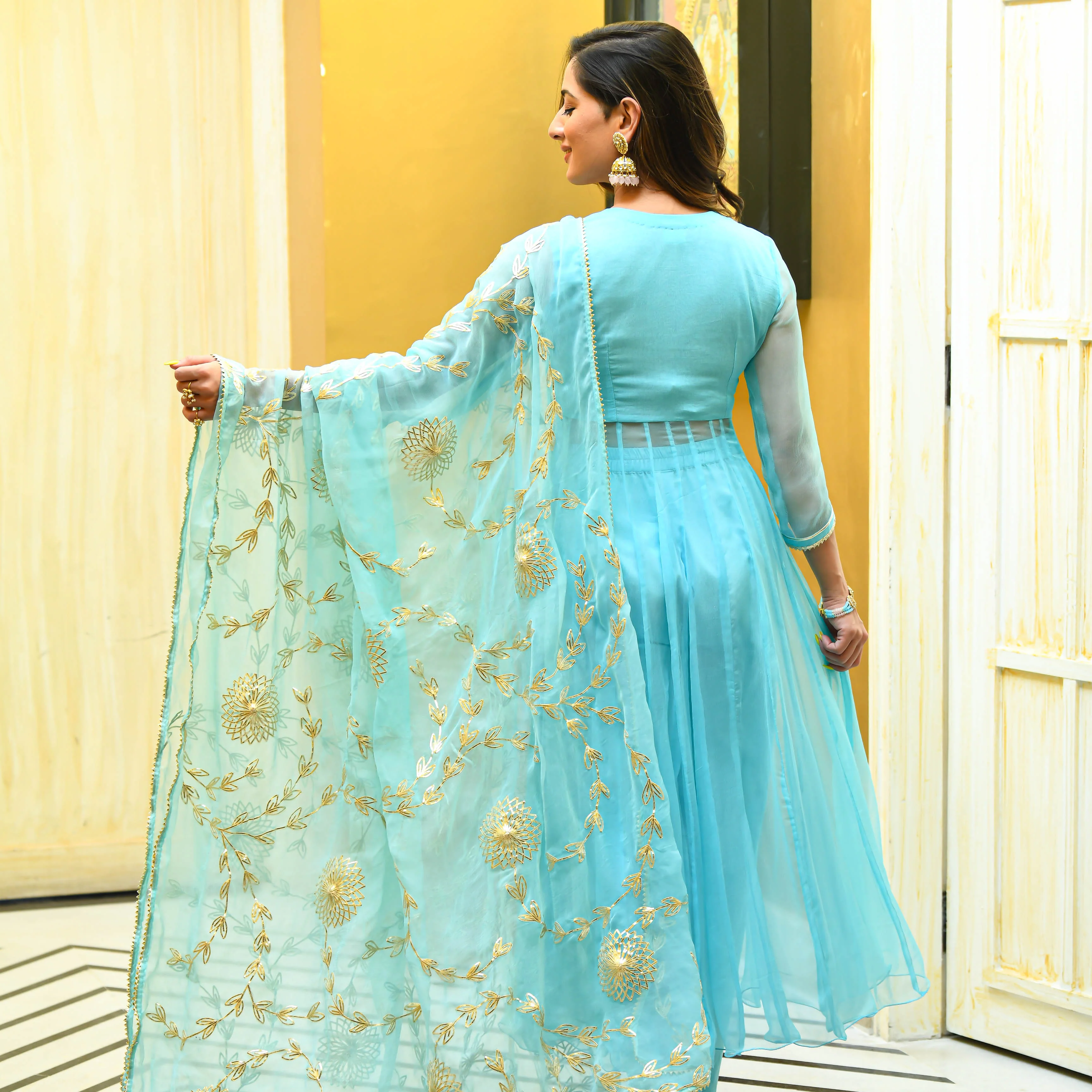 Bunaai Skyblue Gotta Salwar Suit - Woolfily