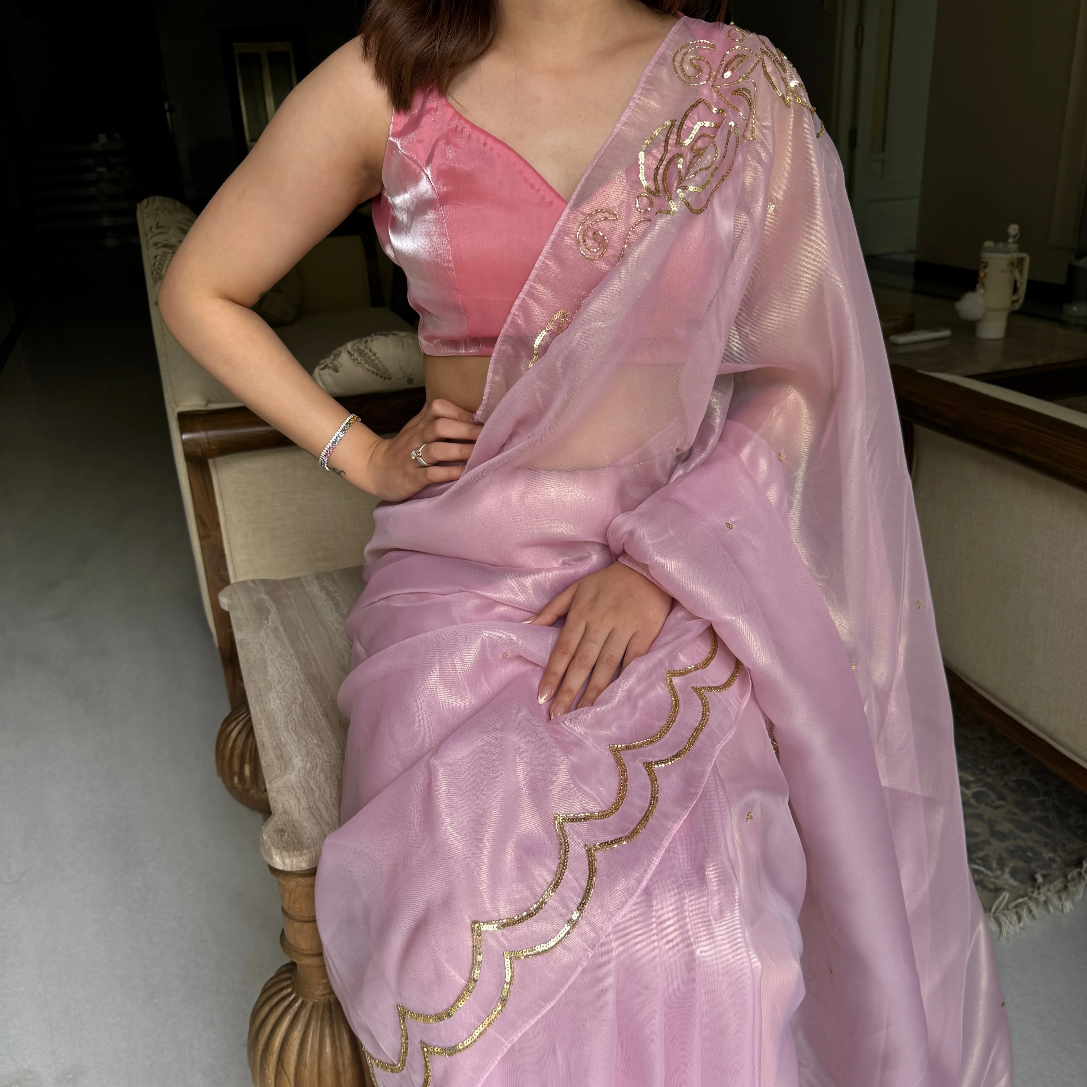 Rosy Pink Tissue Saree - Woolfily