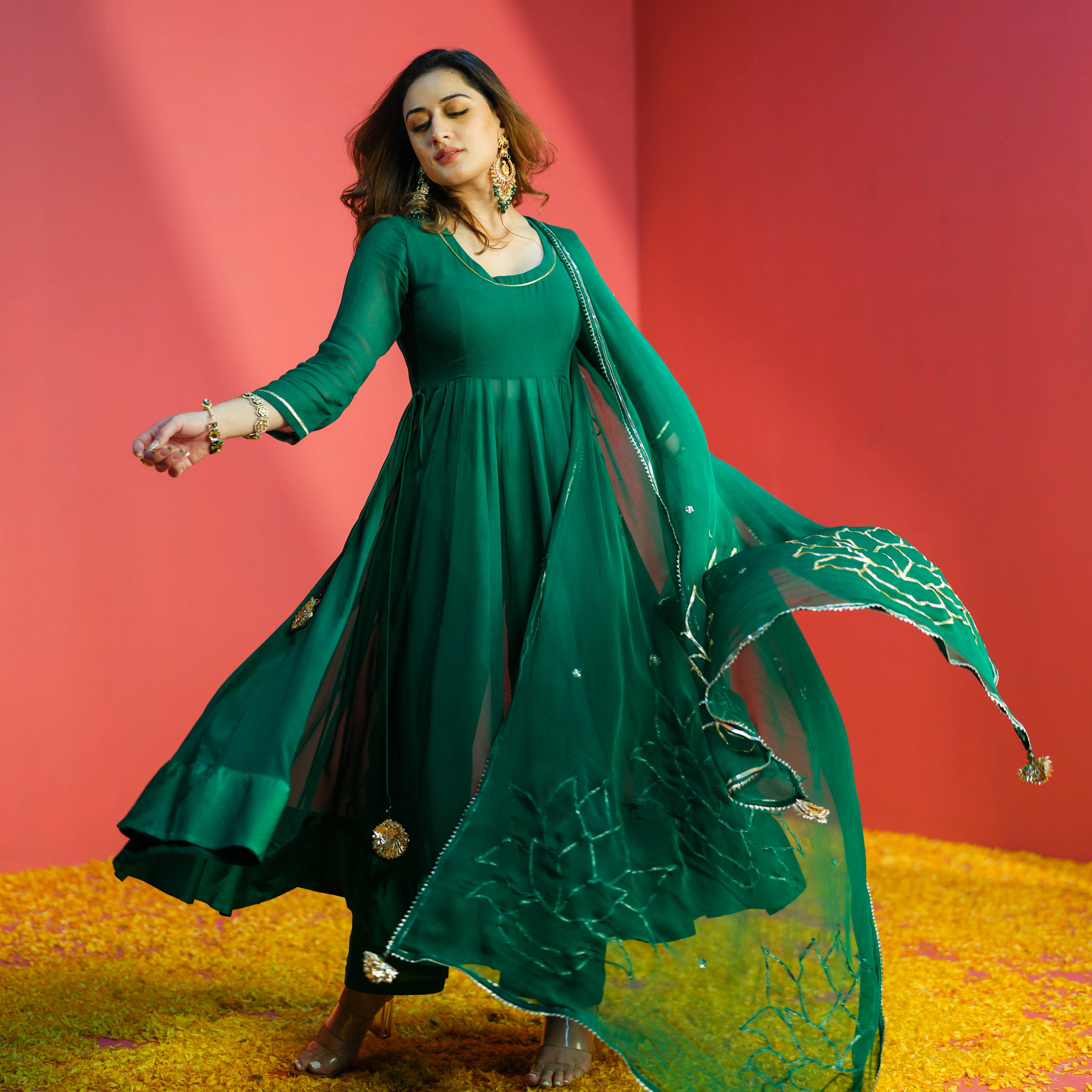 Bunaai Emerald Green Georgette Suit Set - Woolfily