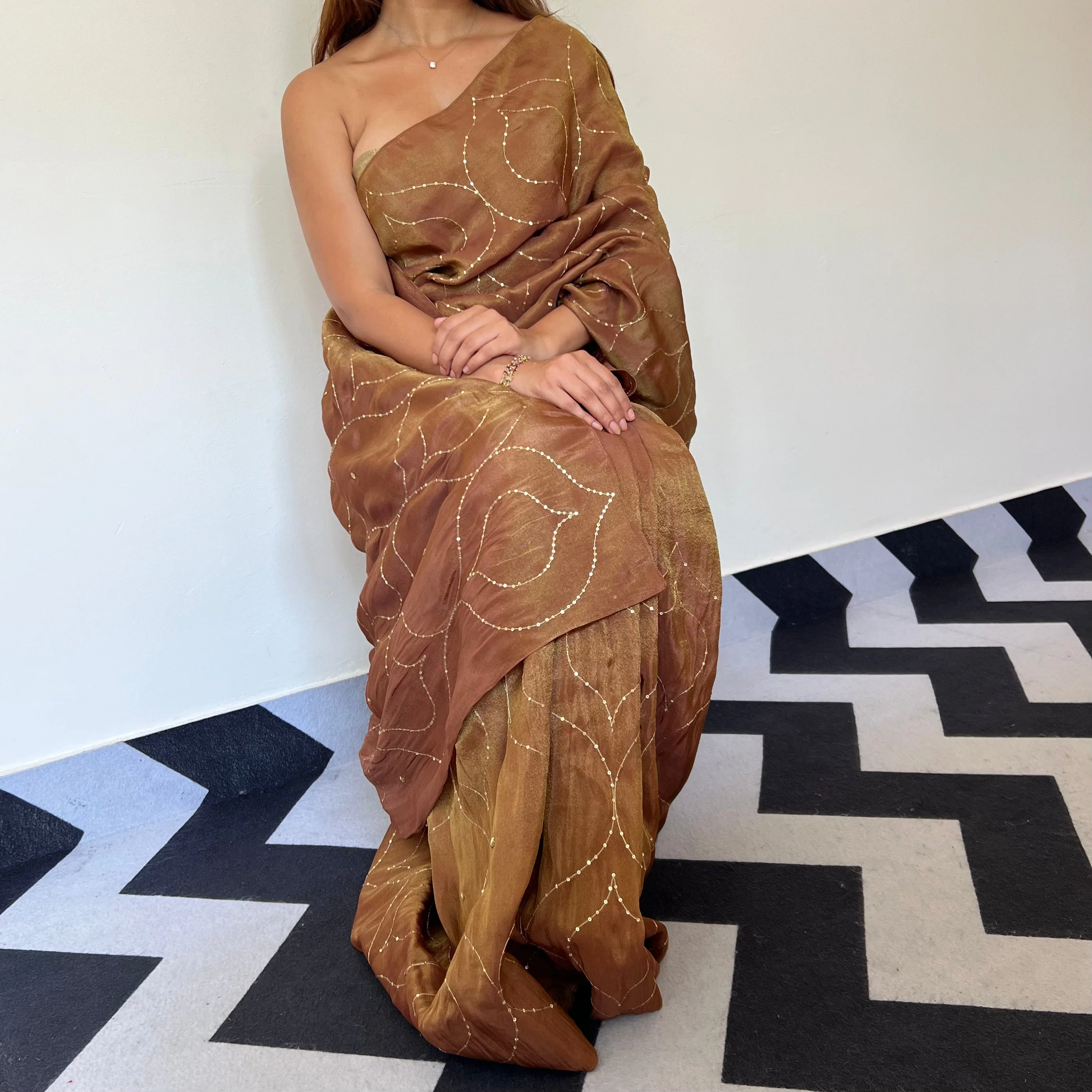 Coffee Caramel Tissue Saree - Woolfily