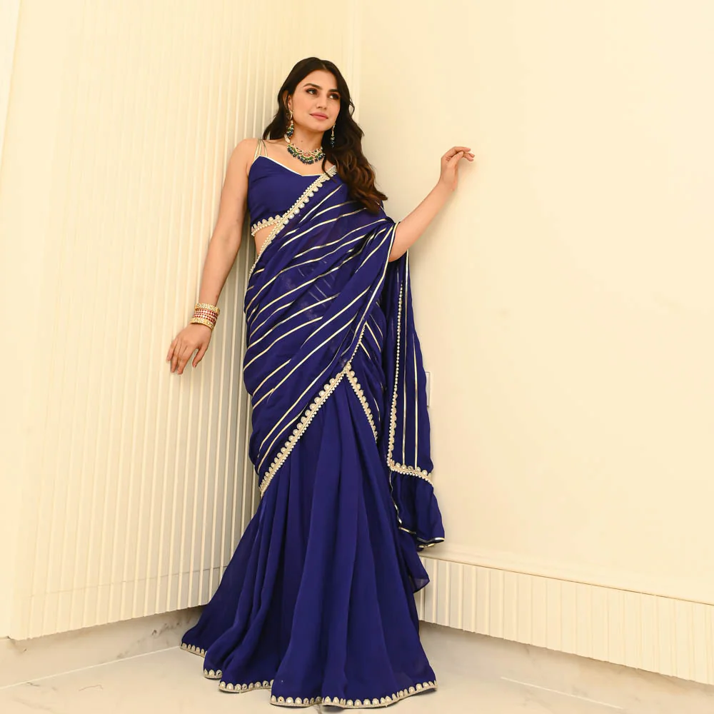 Bunaai Hot Blue Organza Draped Saree - Woolfily