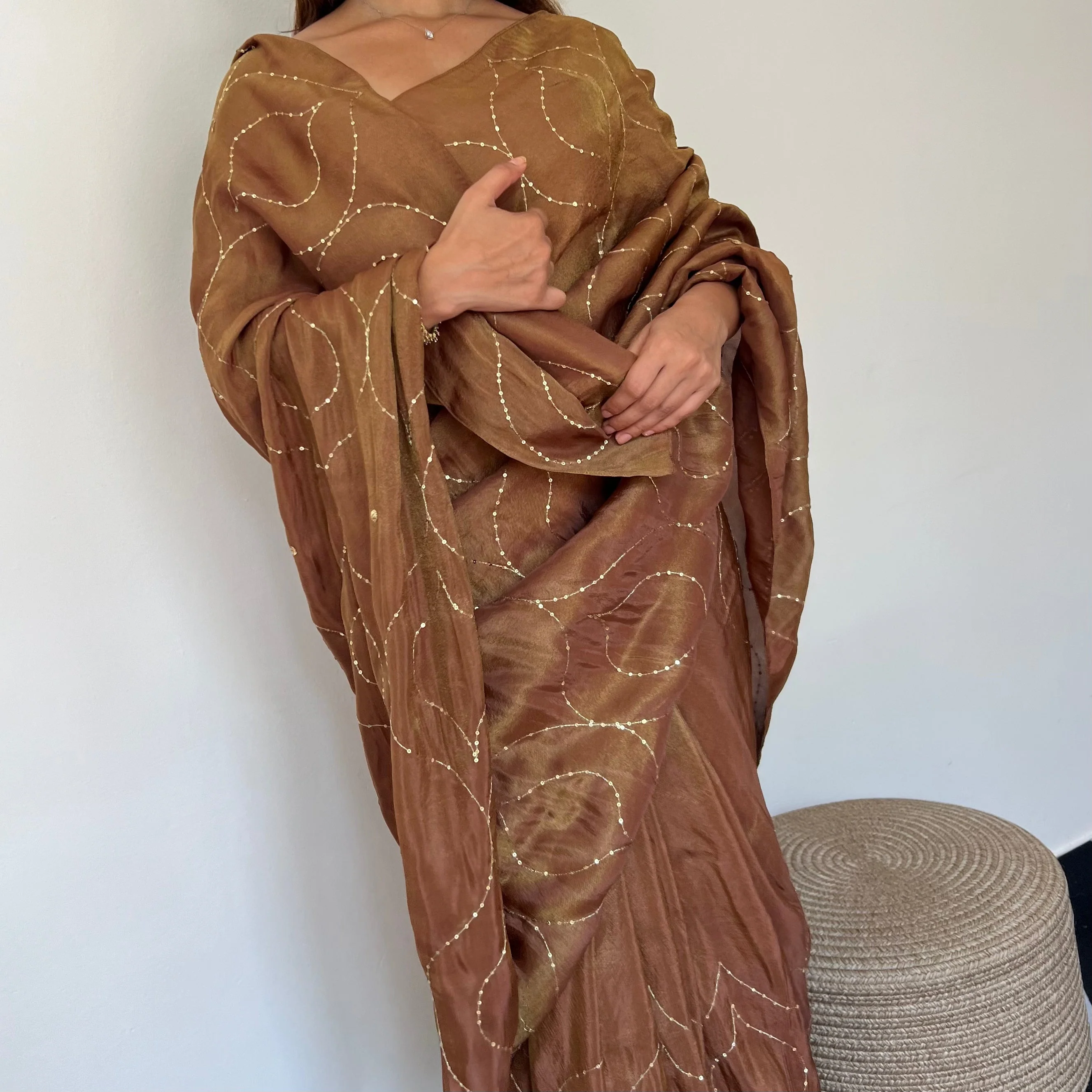 Coffee Caramel Tissue Saree - Woolfily