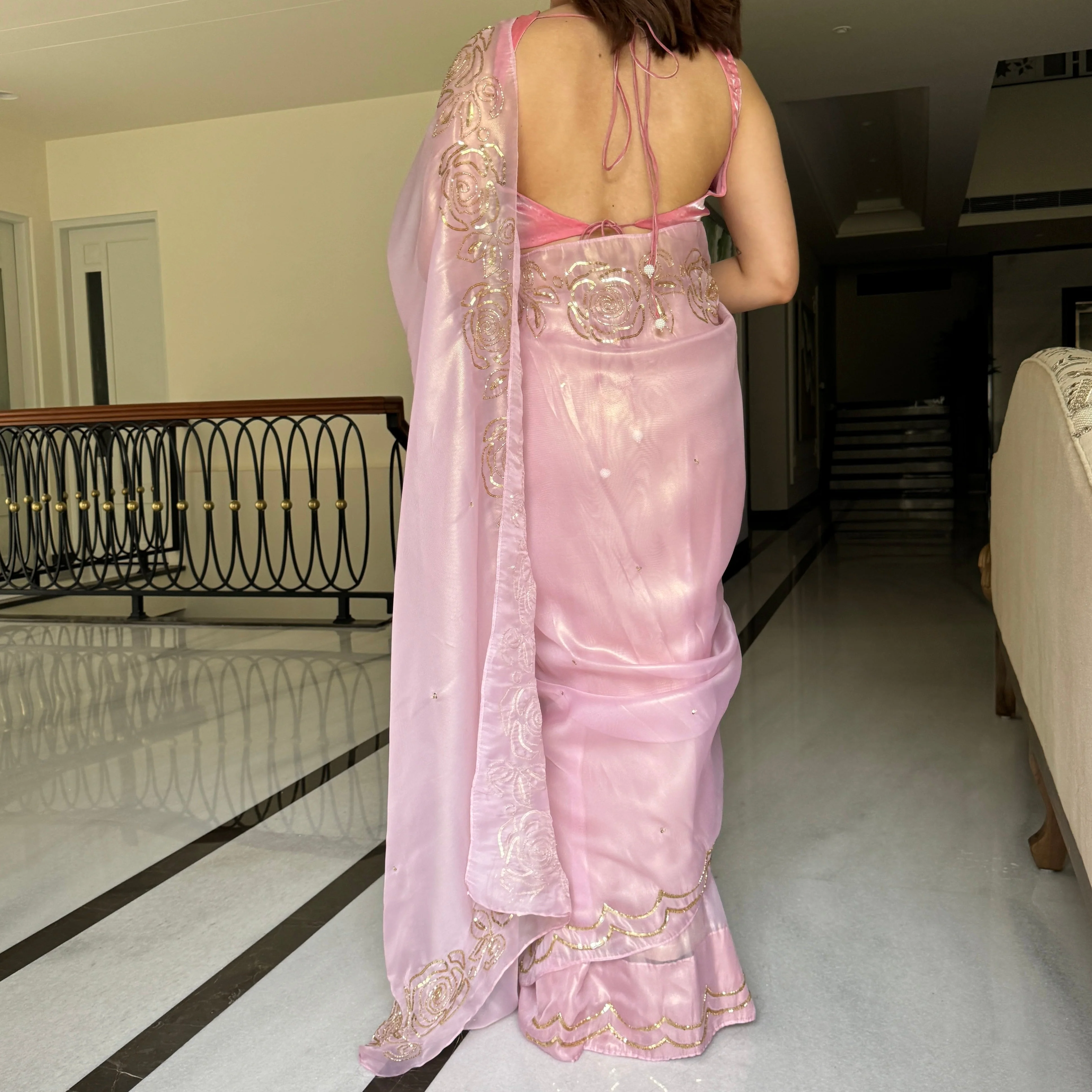 Rosy Pink Tissue Saree - Woolfily