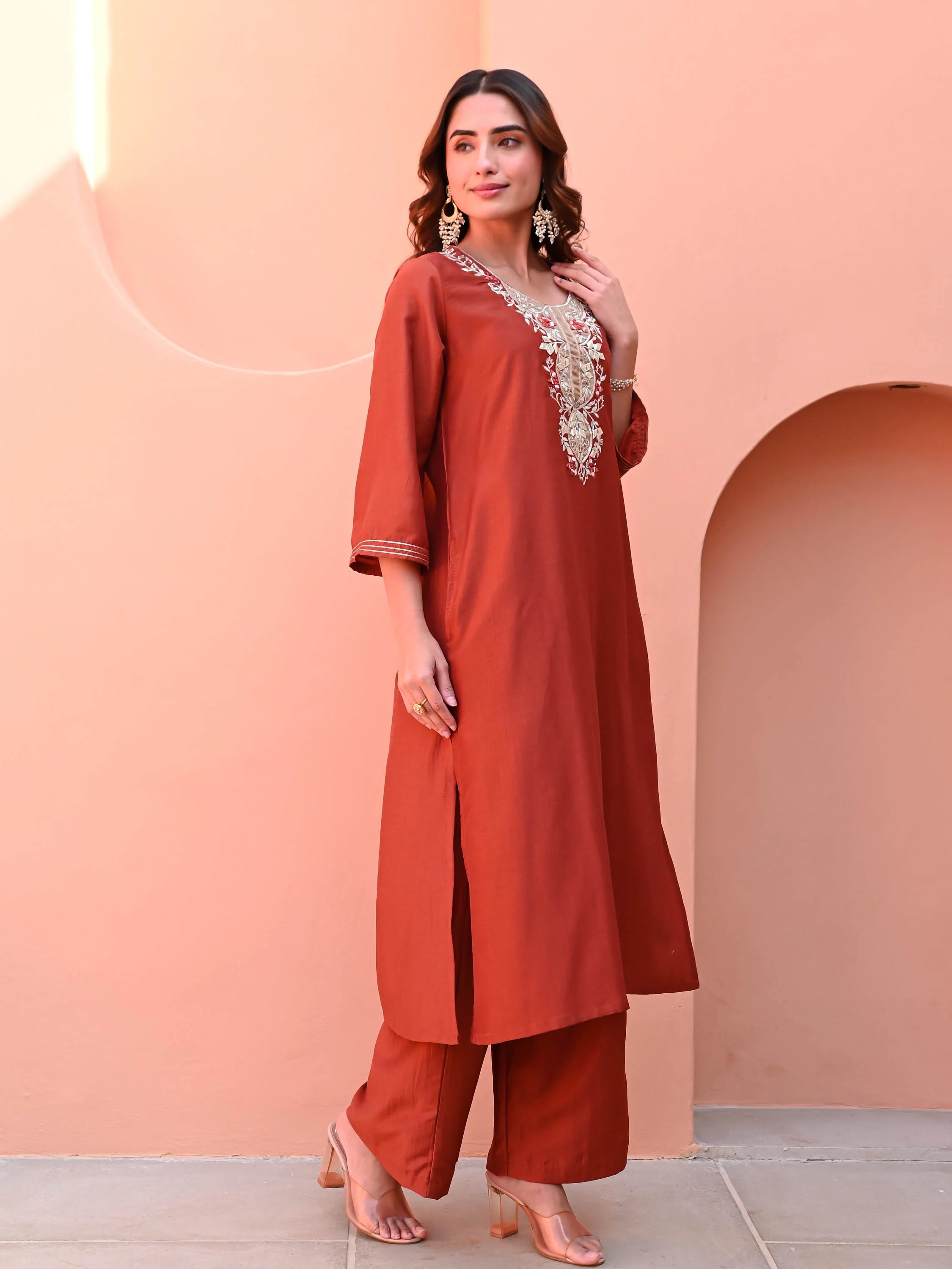 Burnt Orange Silk Kurta Set - Woolfily