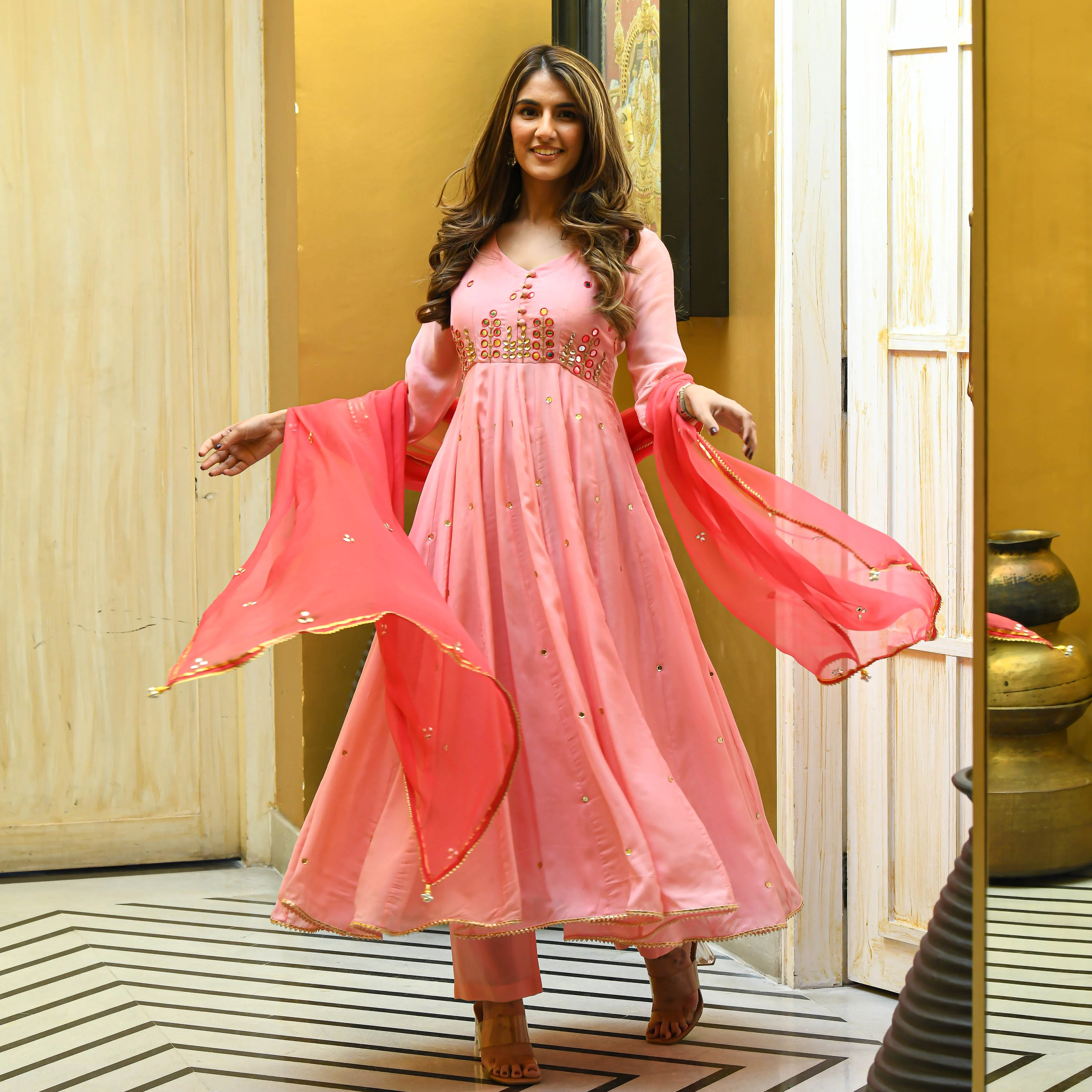 Bunaai Peach Pink Georgette Suit Set - Woolfily