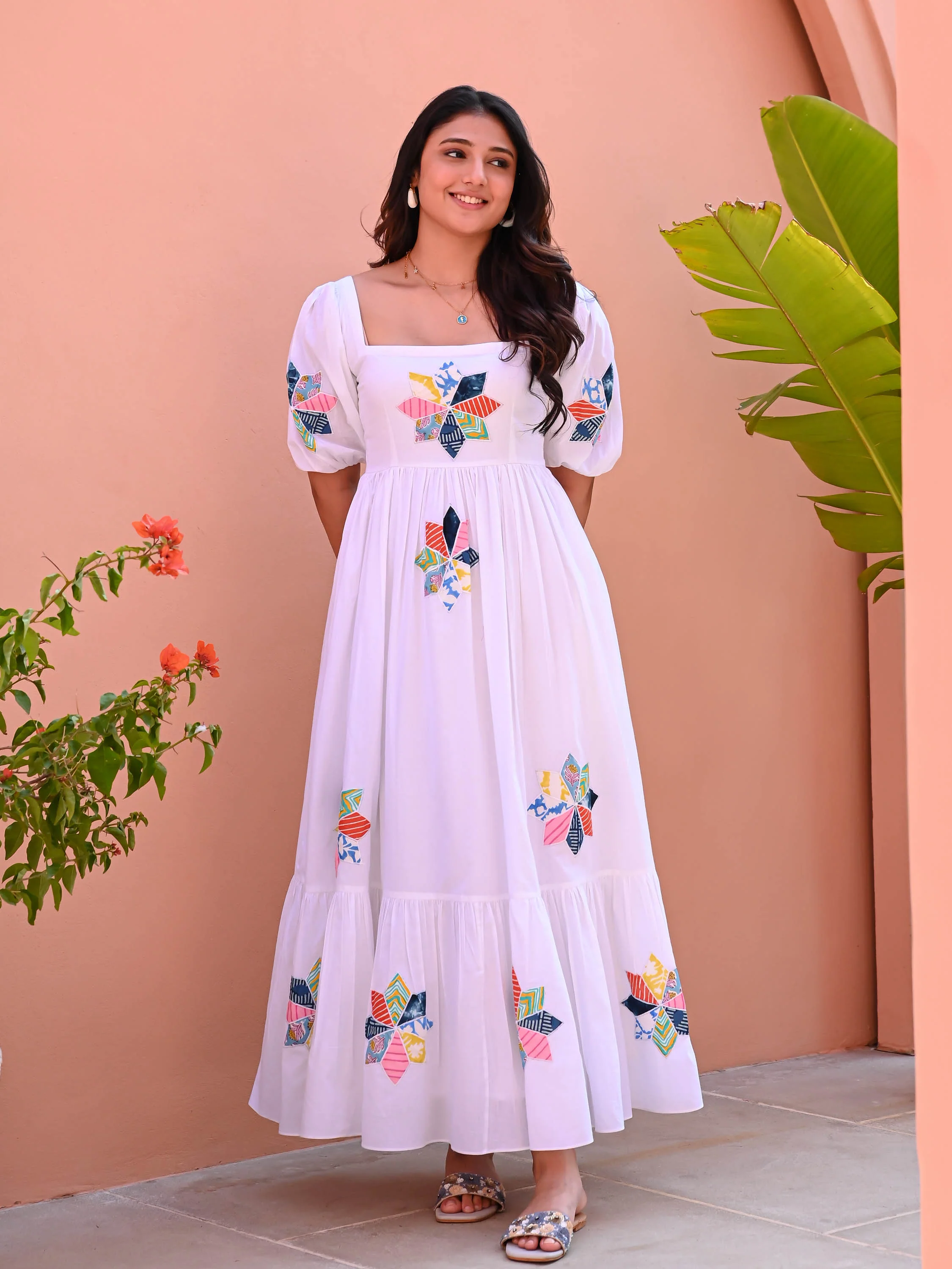 White Flower Patch Cotton Dress - Woolfily