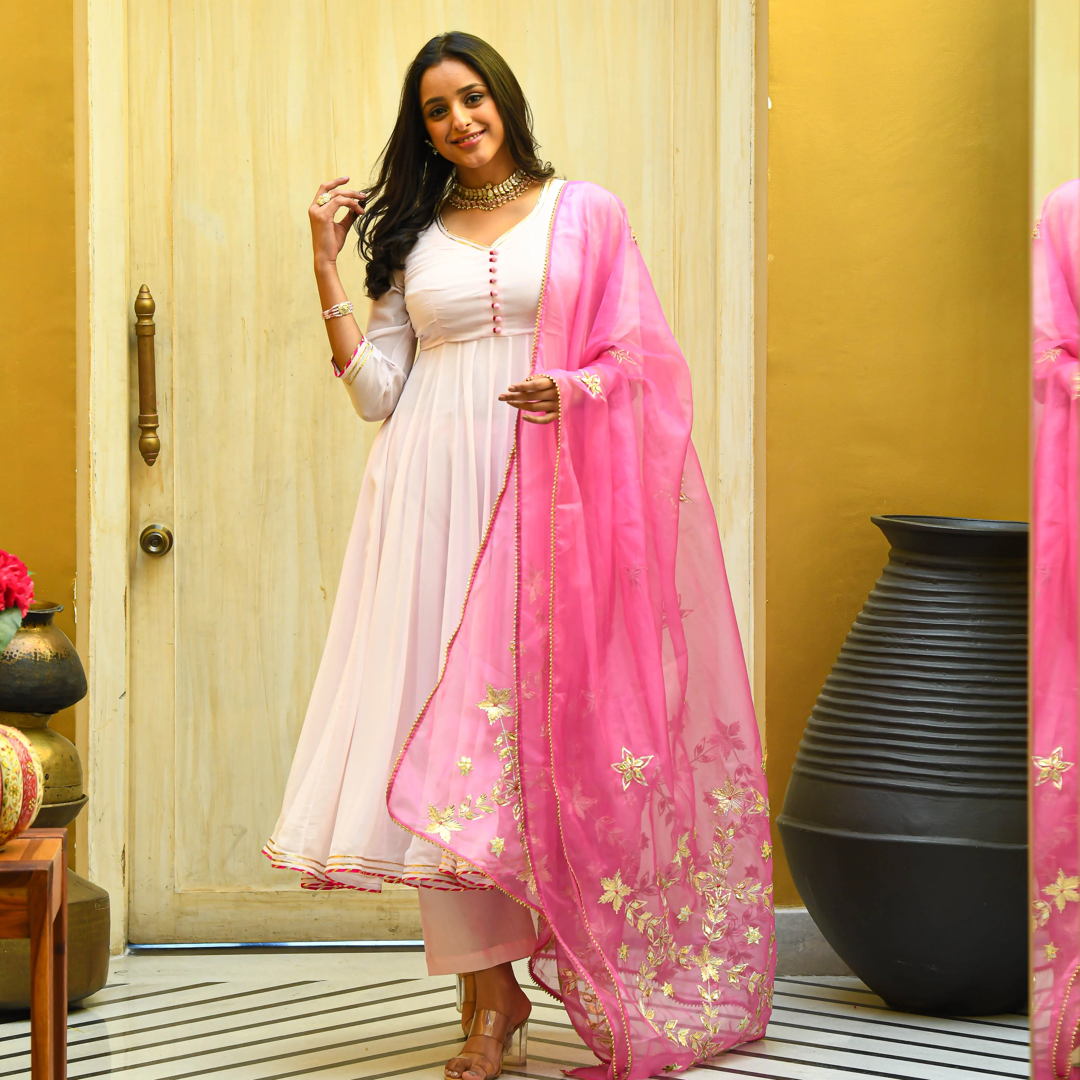 Bunaai Baby Pink Georgette Gota Suit Set - Woolfily