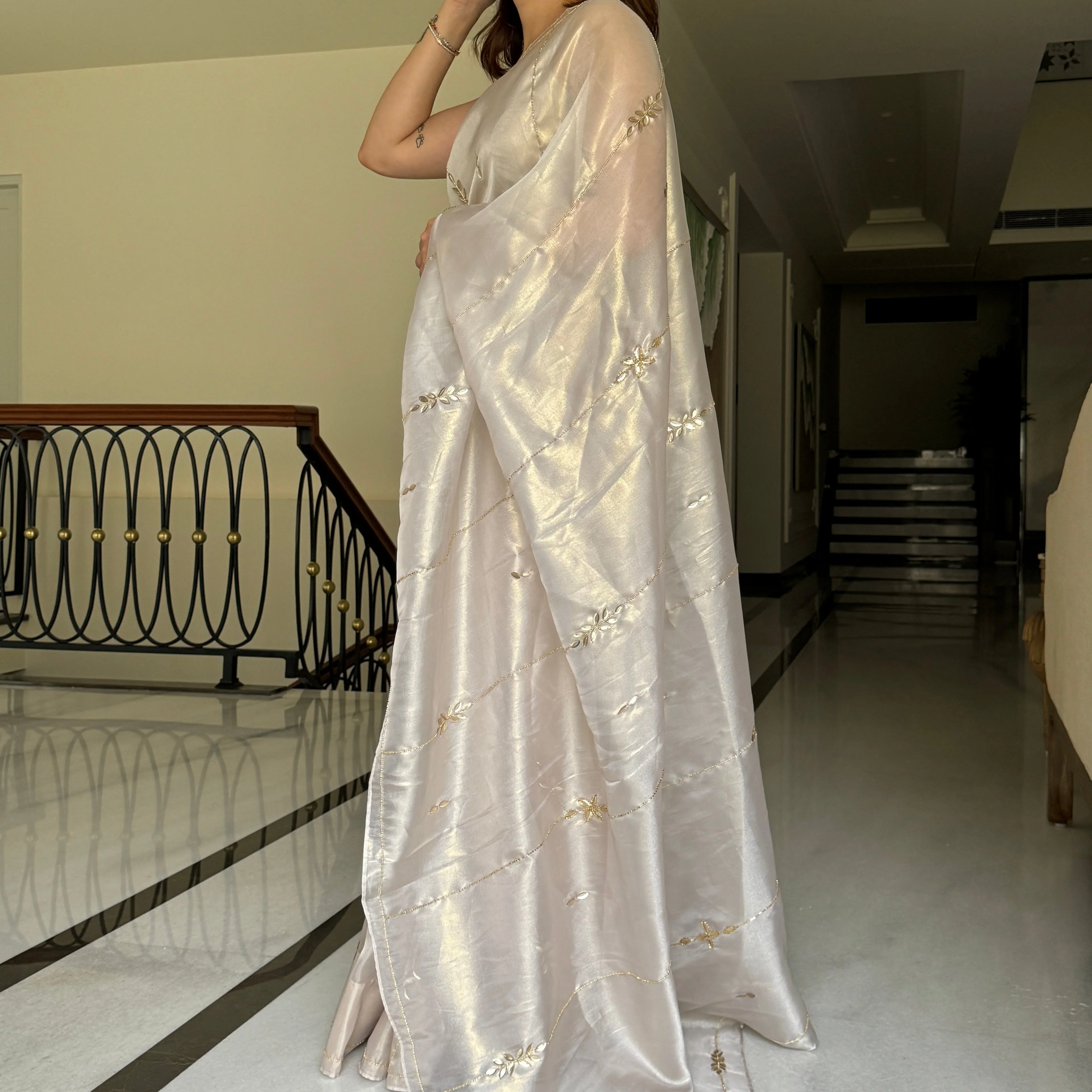 Grey Embellished Saree - Woolfily