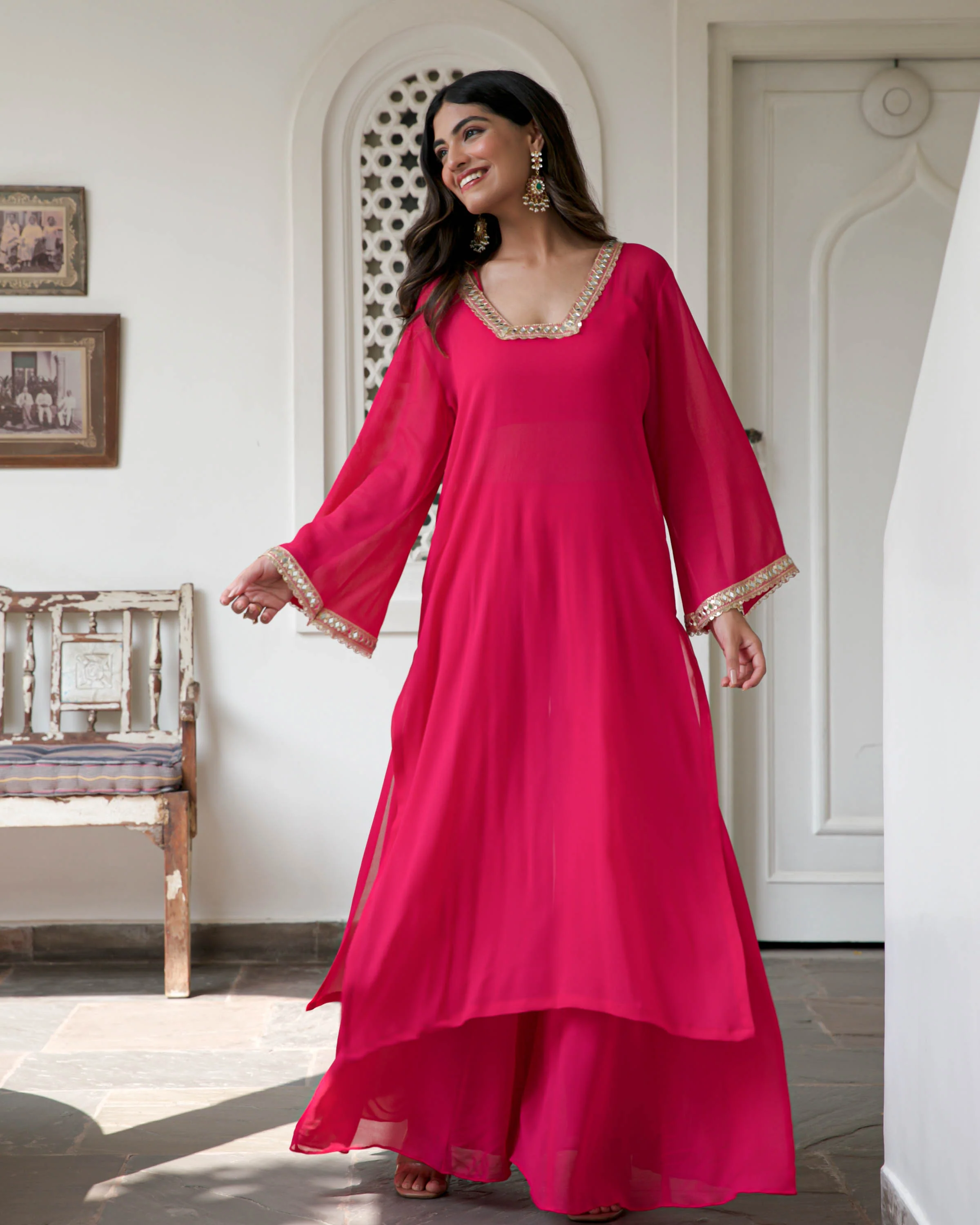 Pink Georgette Kurta Pants - Woolfily