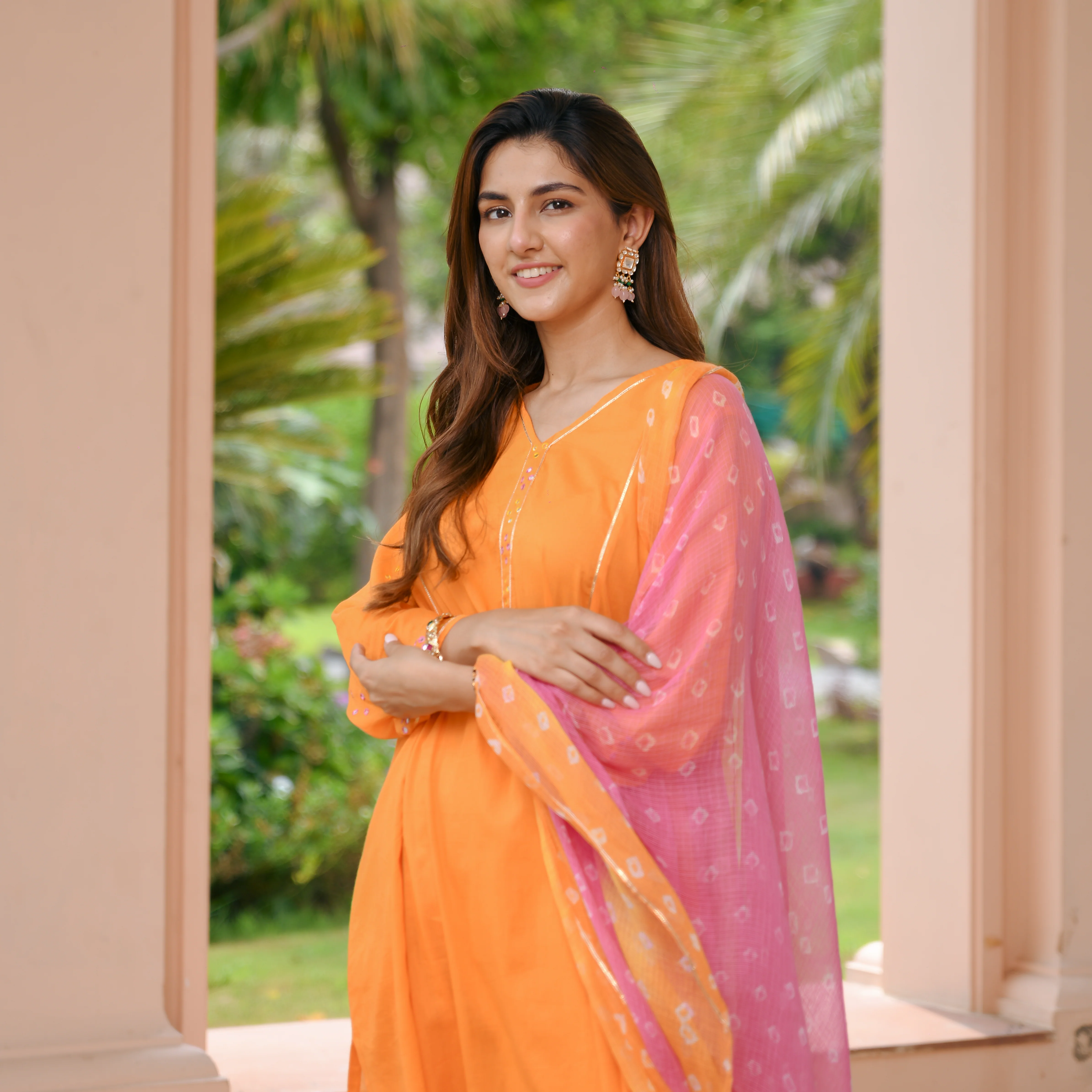 Orange Bandhej Cotton Suit Set - Woolfily