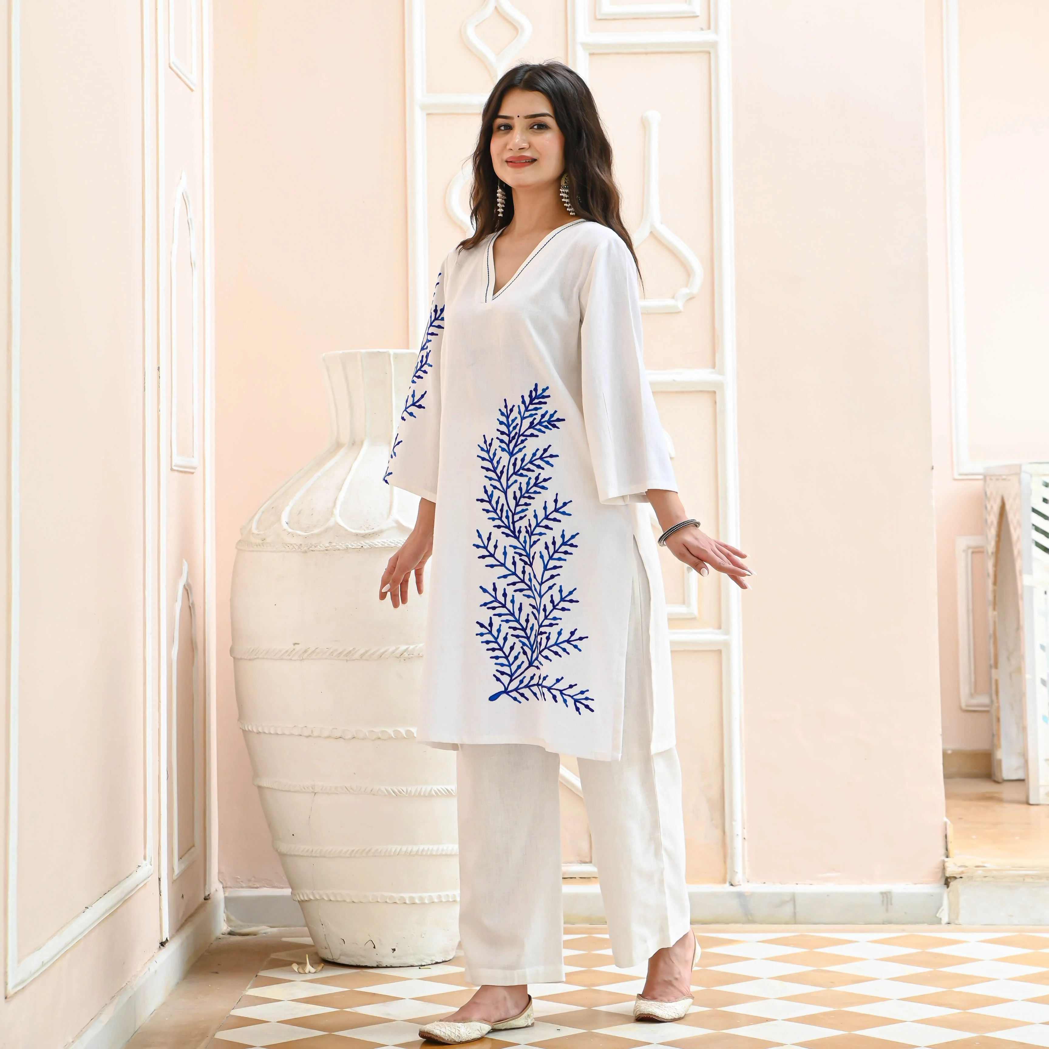 Bunaai White Blue Embroidered Co-ord Set - Woolfily