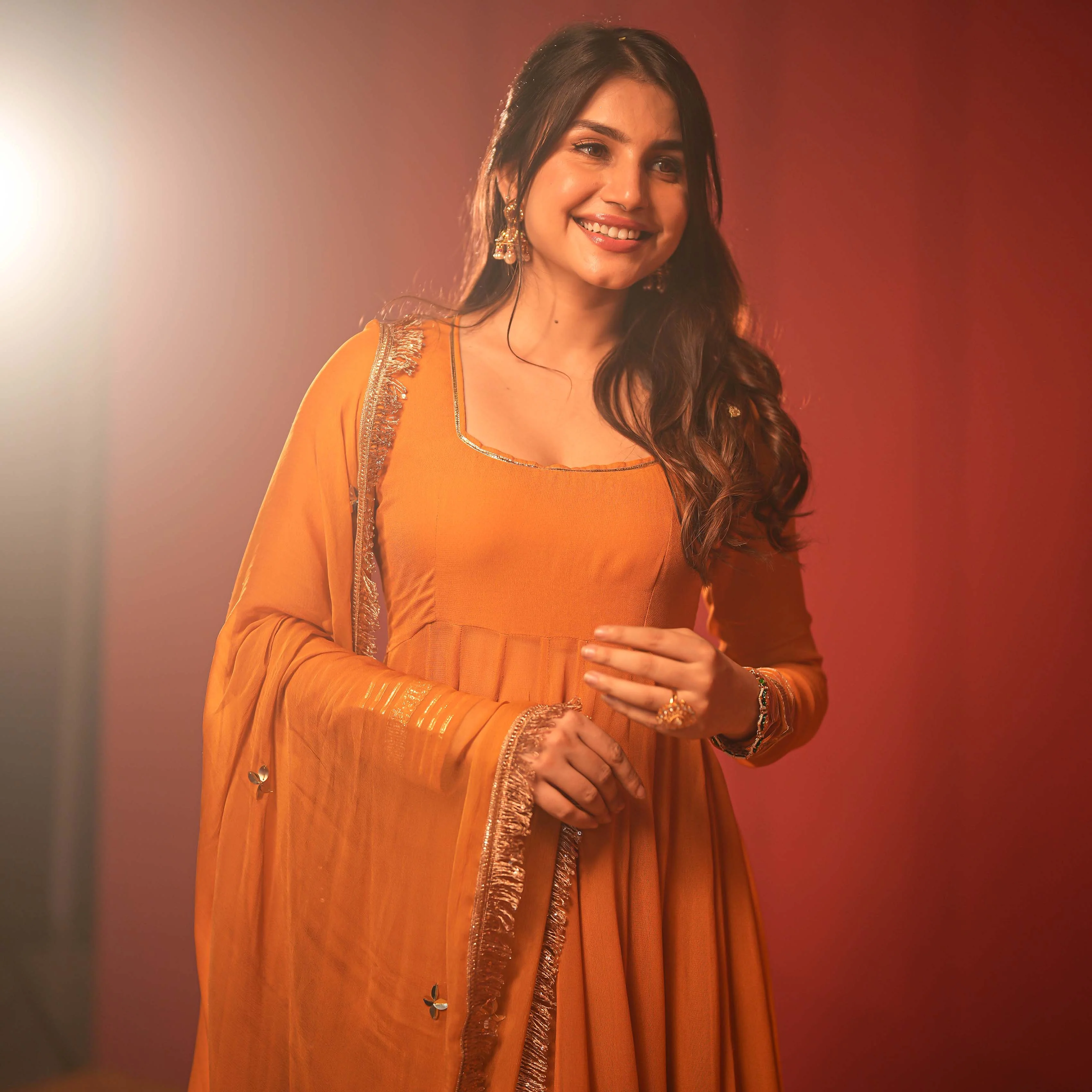 Bunaai Ochre Georgette Anarkali Dress with Dupatta - Woolfily