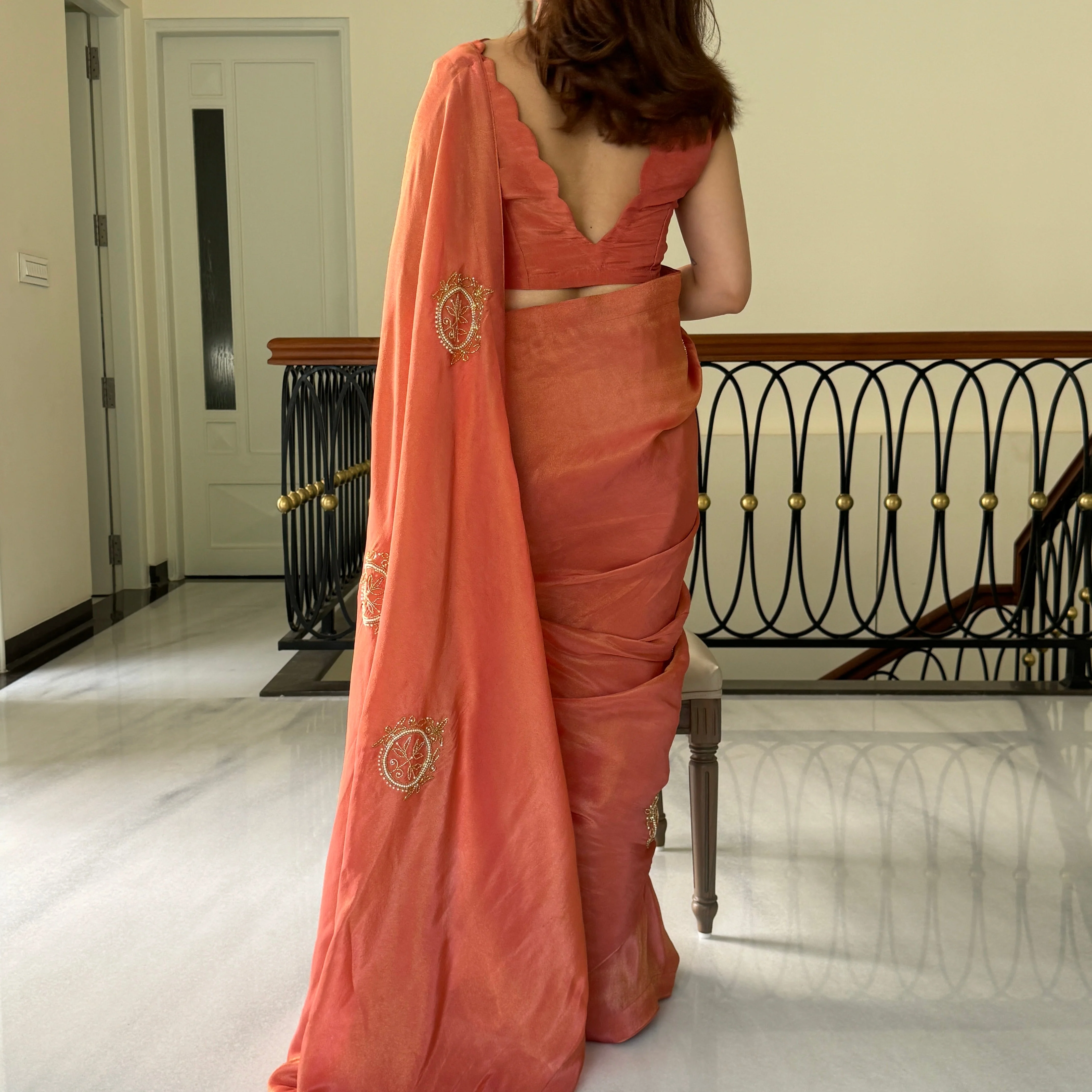 Orange Chandbali Embroidery Saree - Woolfily