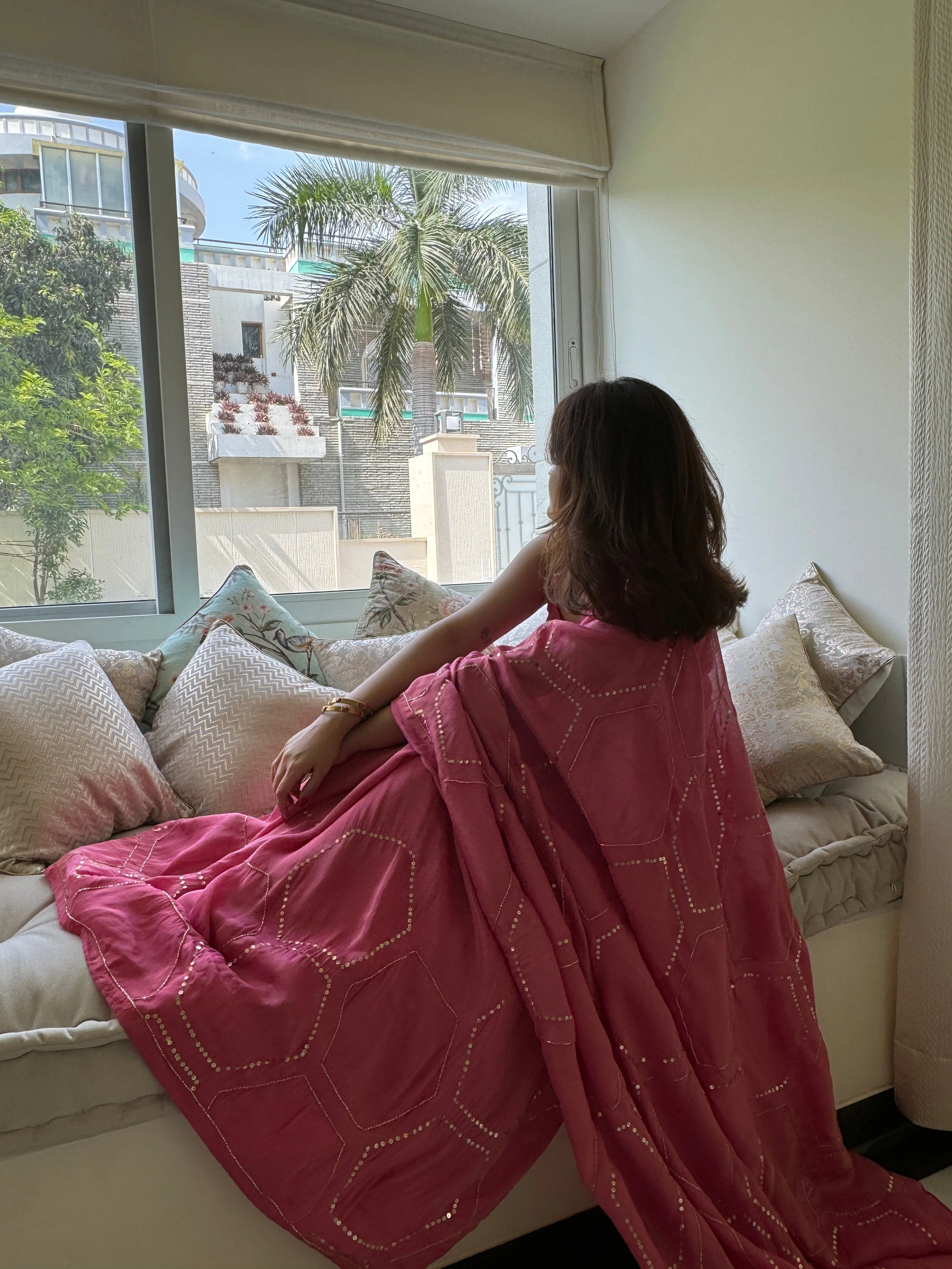 Carrot Pink Tissue Saree - Woolfily