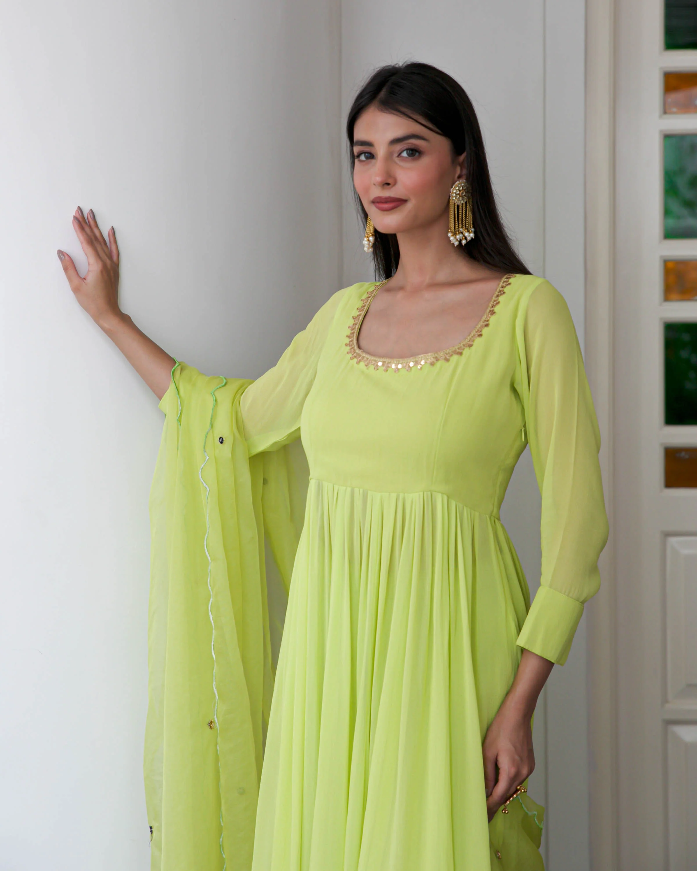 Lime Green Georgette Suit Set - Woolfily
