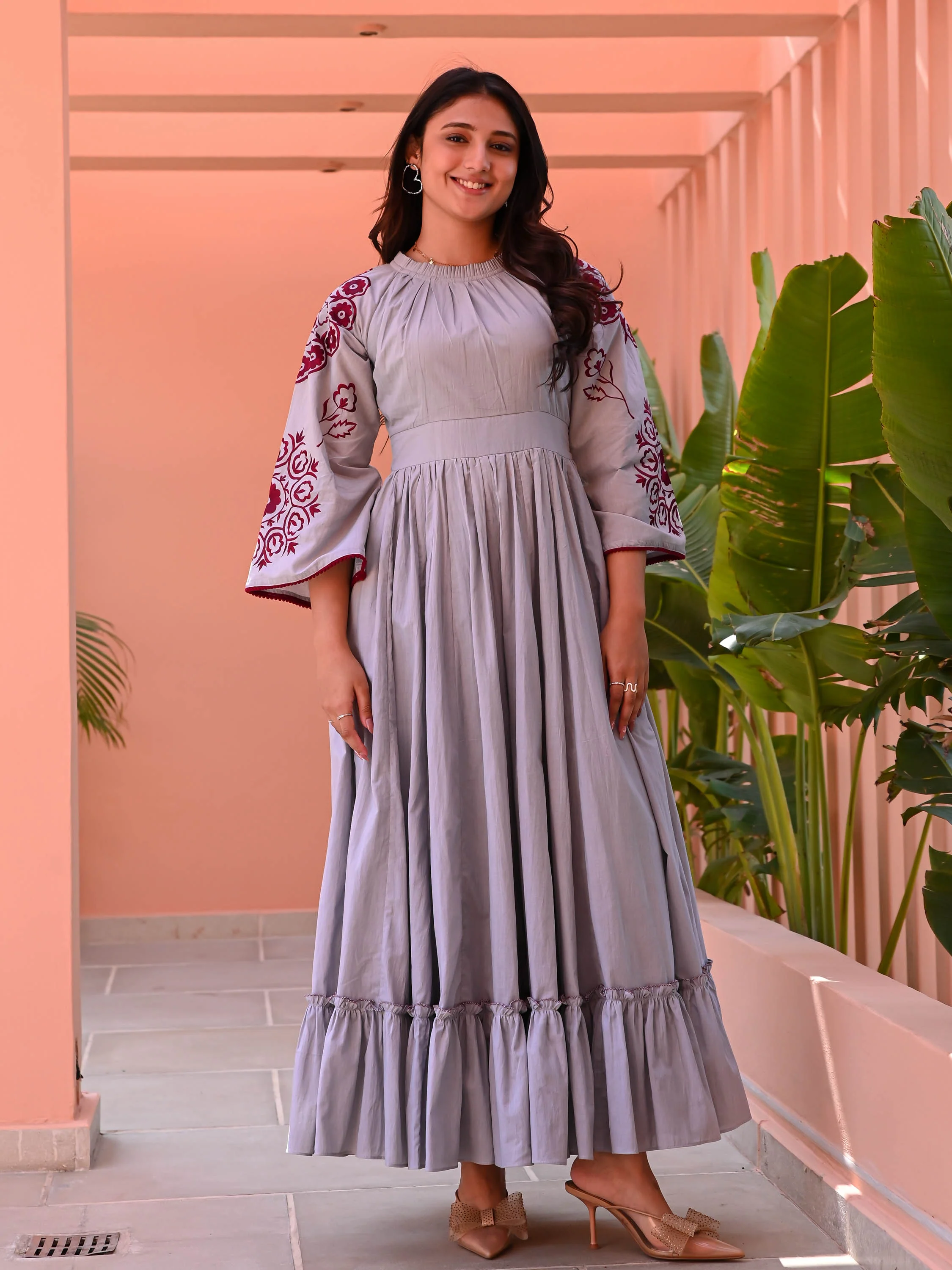 Grey Maroon Embroidered Cotton Dress - Woolfily