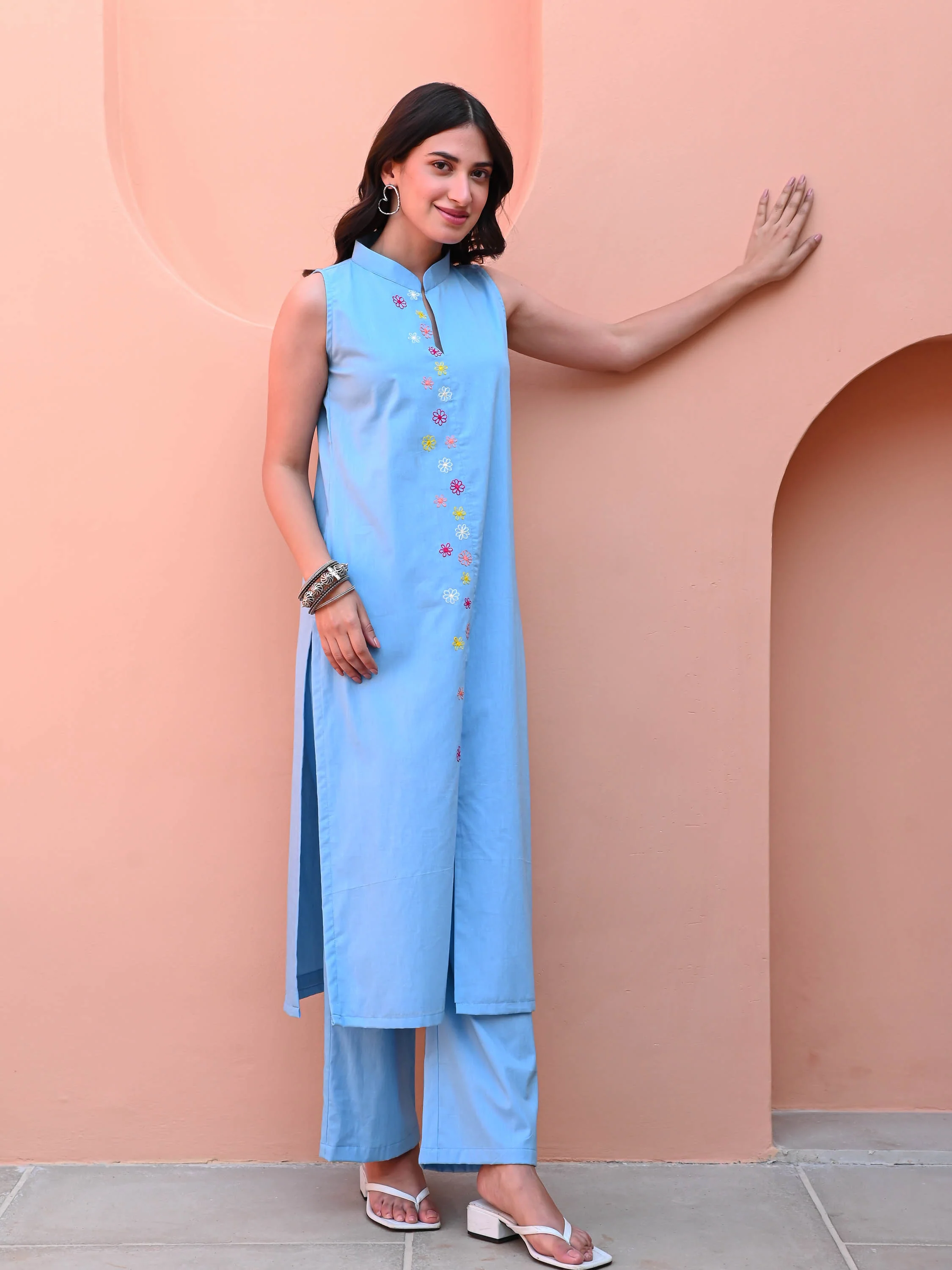 Powder Blue Embroidered Kurta Set - Woolfily